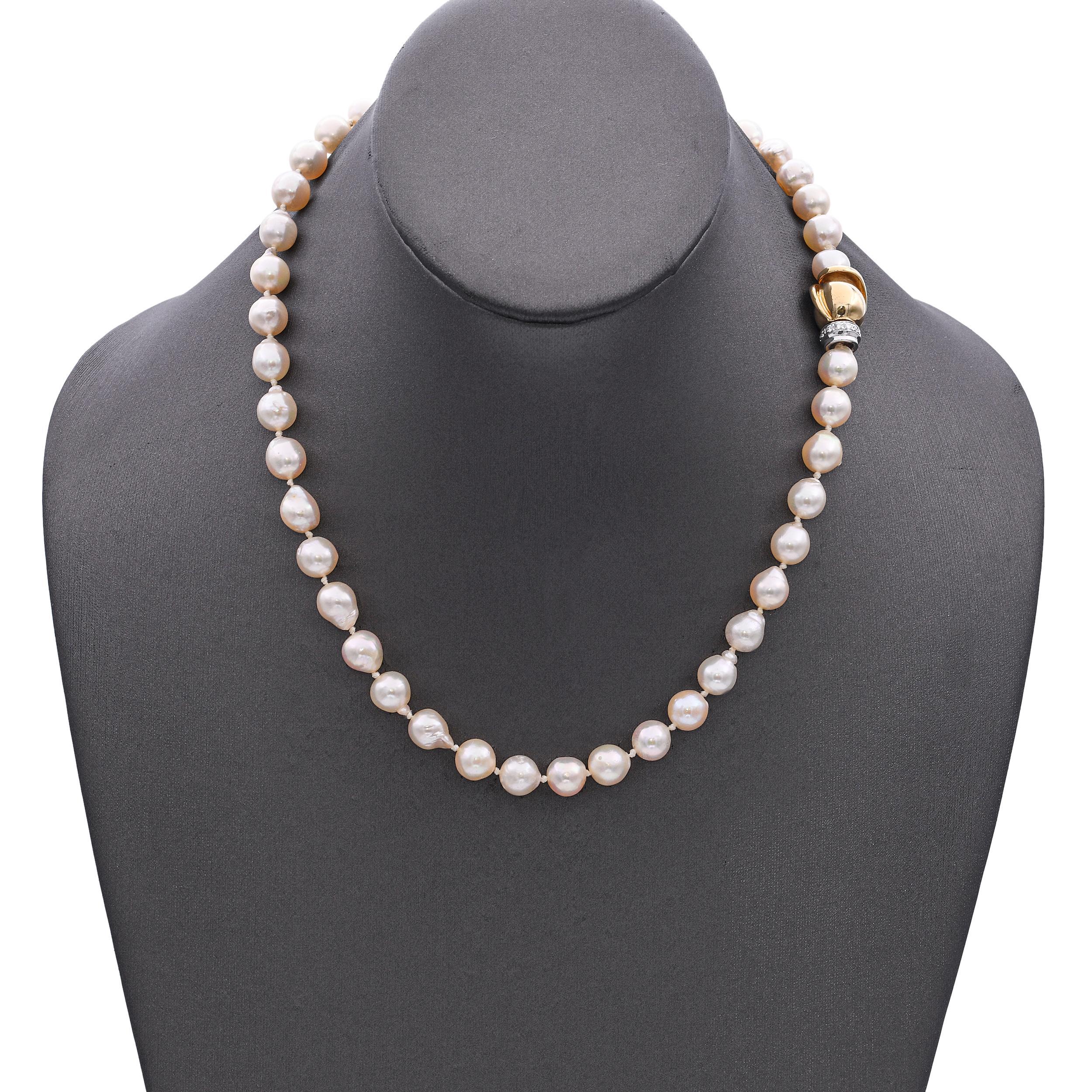 Bead Vintage 14k Yellow Gold and Diamond Clasp Semi-Baroque Pearl Strand Necklace For Sale