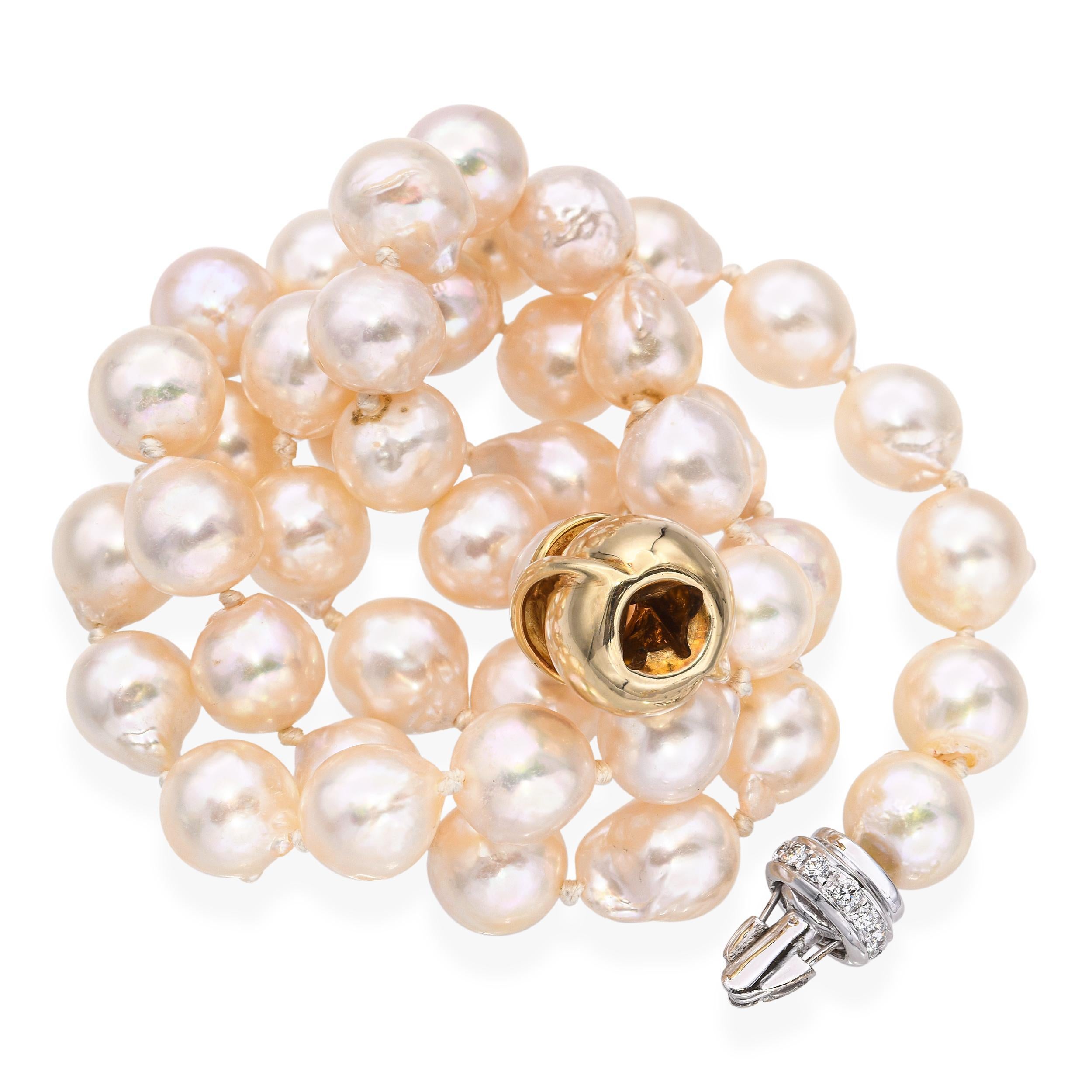 Women's Vintage 14k Yellow Gold and Diamond Clasp Semi-Baroque Pearl Strand Necklace For Sale