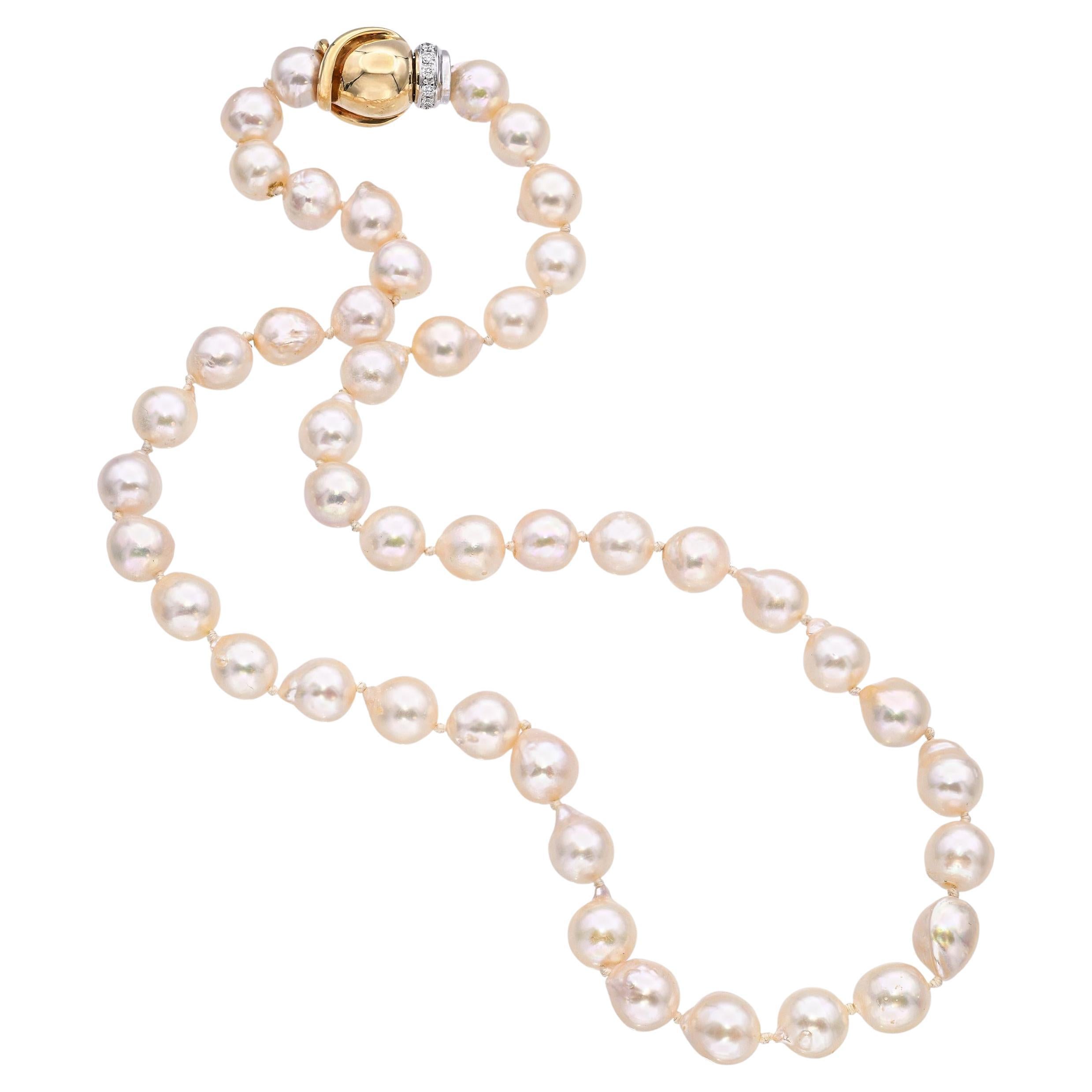 Vintage 14k Yellow Gold and Diamond Clasp Semi-Baroque Pearl Strand Necklace For Sale