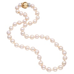 Vintage 14k Yellow Gold and Diamond Clasp Semi-Baroque Pearl Strand Necklace