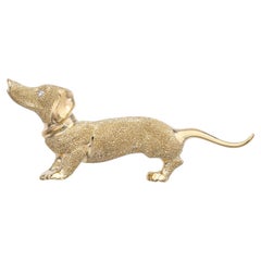 Vintage 14k Yellow Gold and Diamond Dachshund Dog Brooch