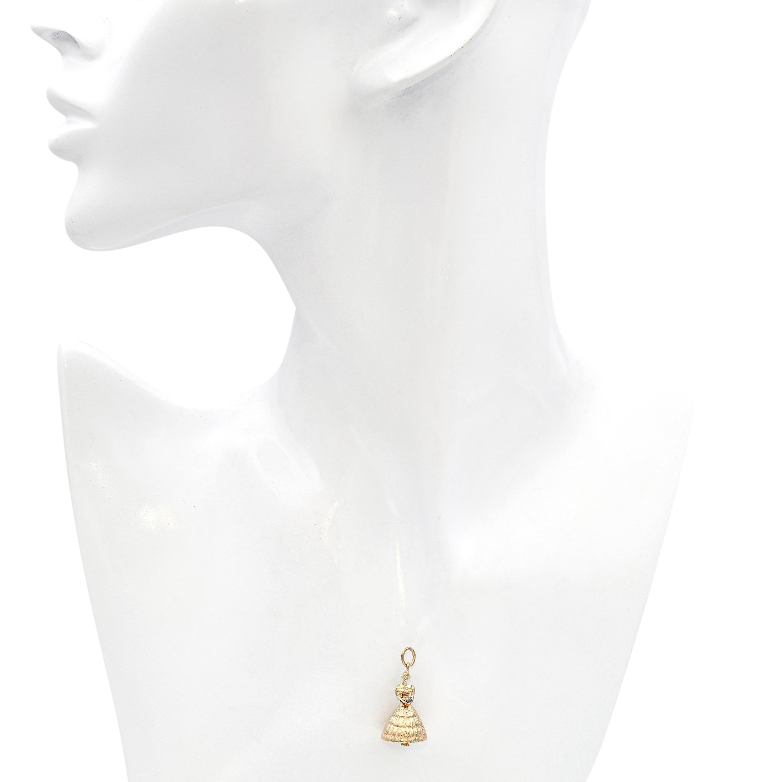 Round Cut Vintage 14k Yellow Gold and Diamond Flower Girl Charm For Sale