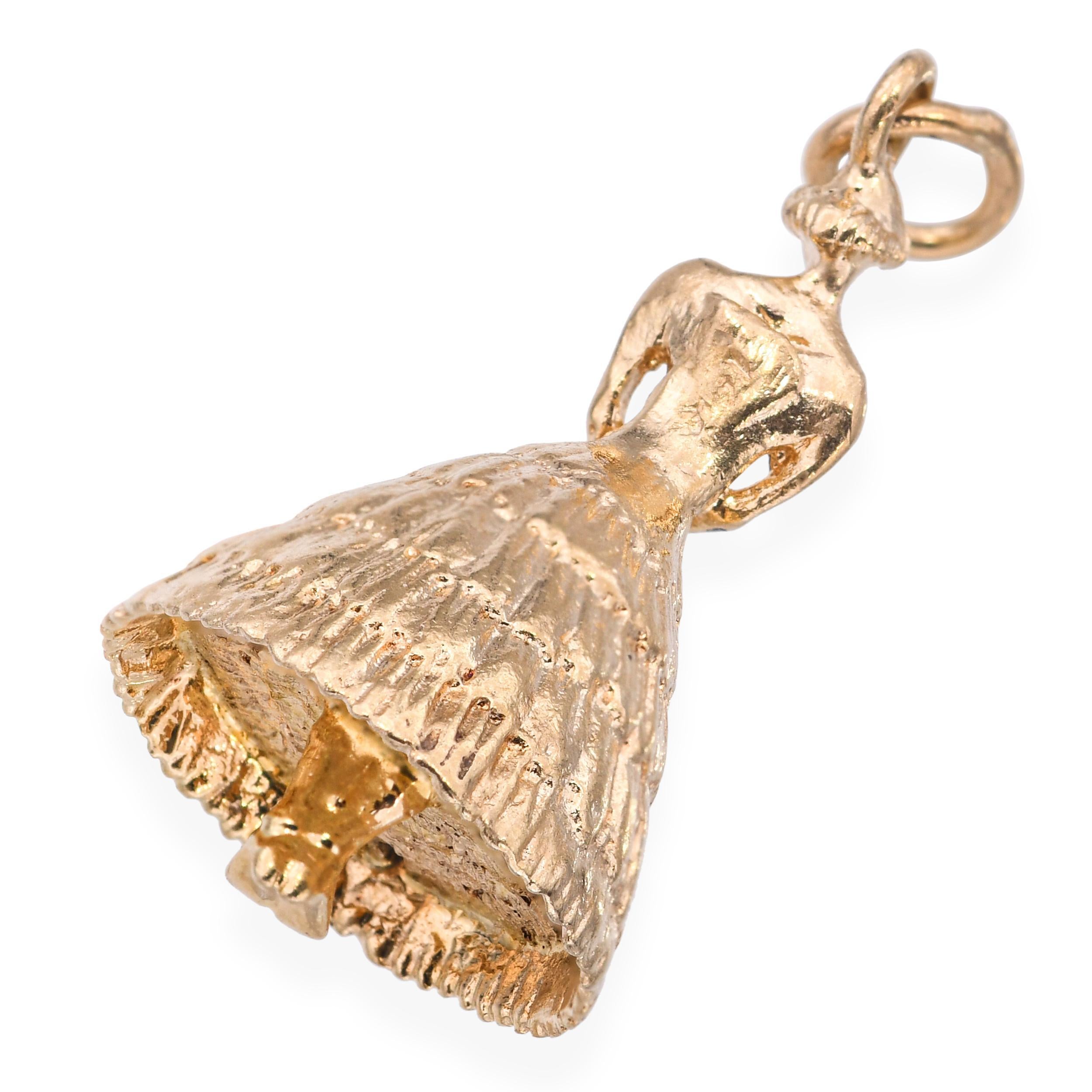 Vintage 14k Yellow Gold and Diamond Flower Girl Charm In Good Condition For Sale In New York, NY