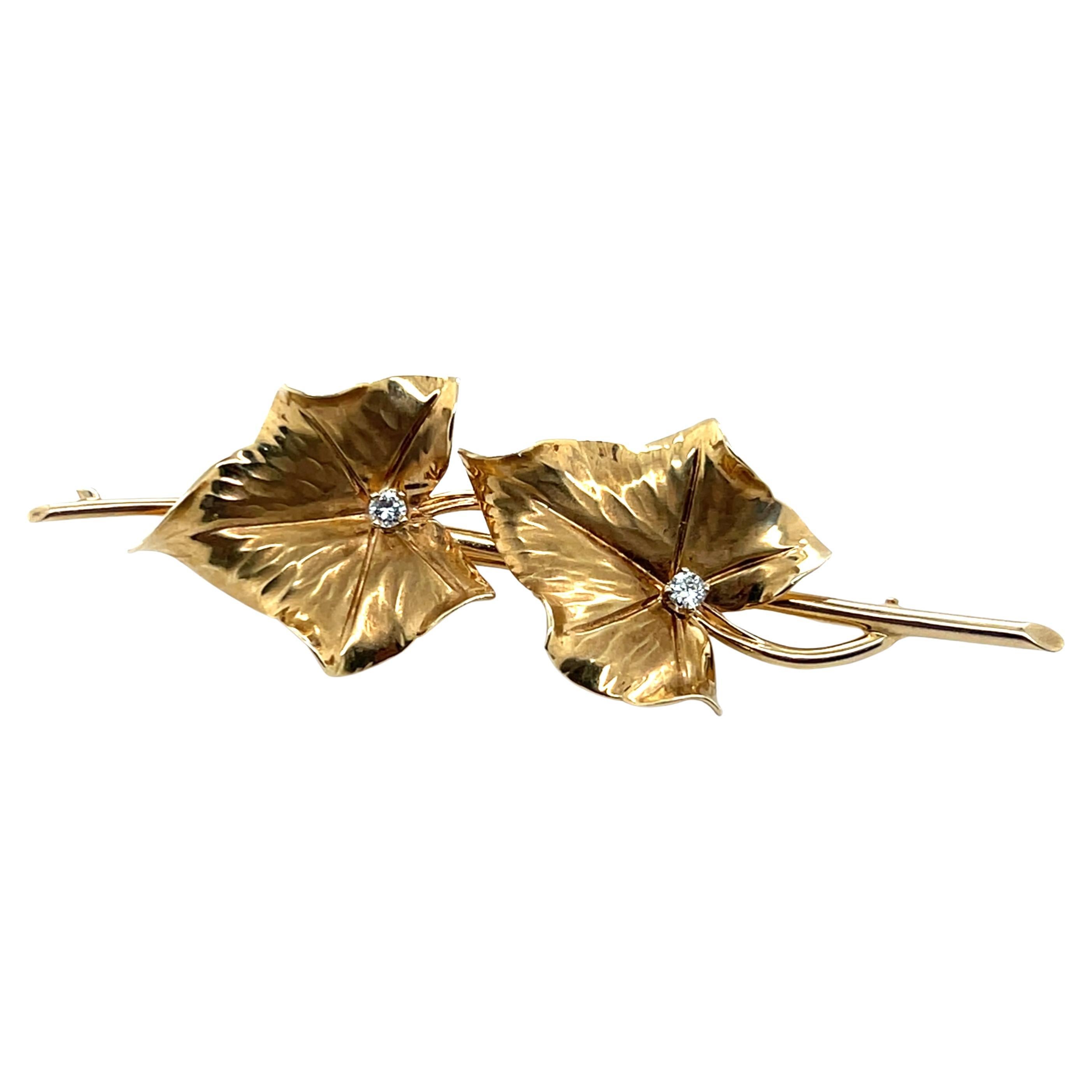 Vintage 14k Yellow Gold and Diamond Leaf Brooch