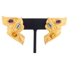 Vintage 14K Yellow Gold and Multi-Gemstone Ribbon-Form Earrings