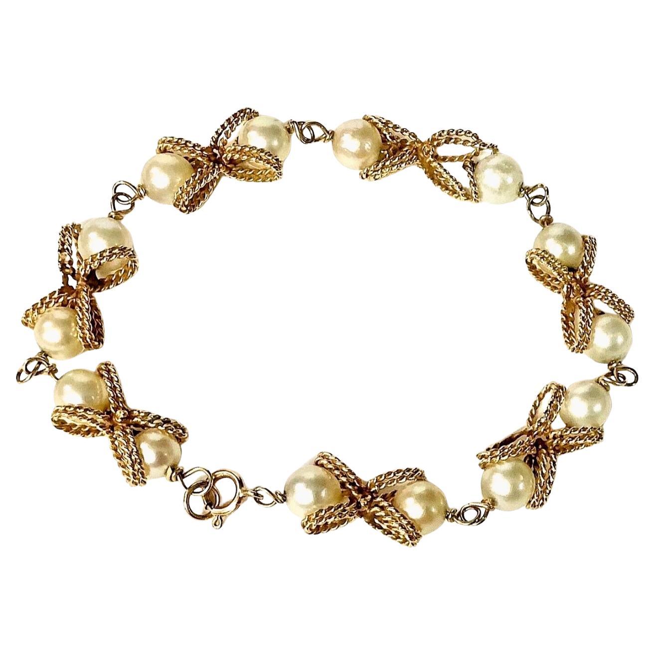 Bracelet vintage en or jaune 14K et perles Unisexe en vente