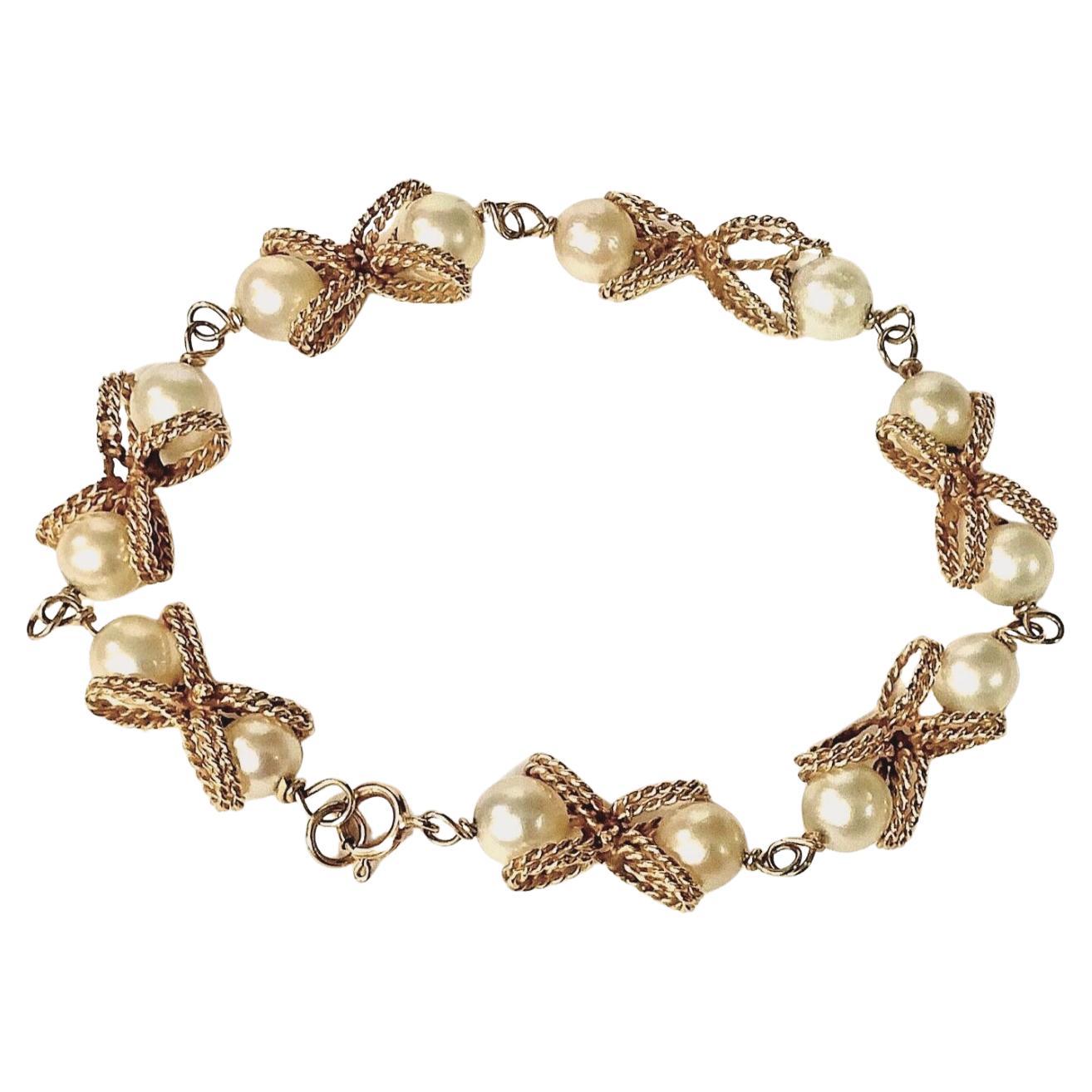 Bracelet vintage en or jaune 14K et perles en vente