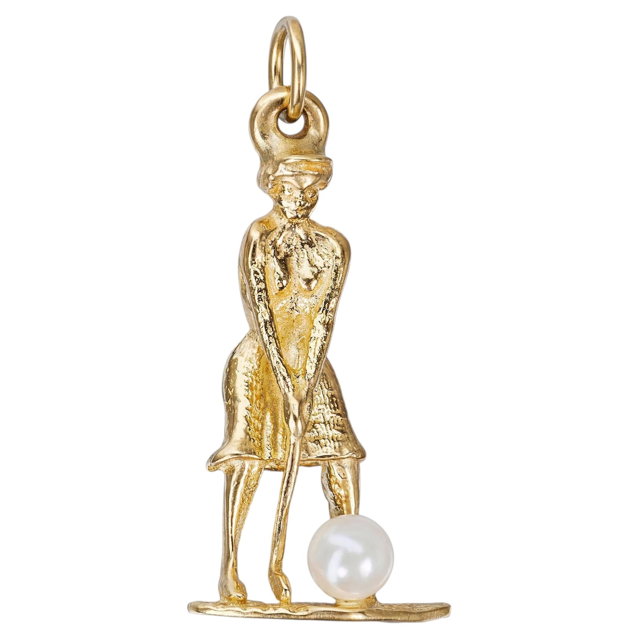 Vintage 14k Yellow Gold and Pearl Golfing Lady Charm For Sale