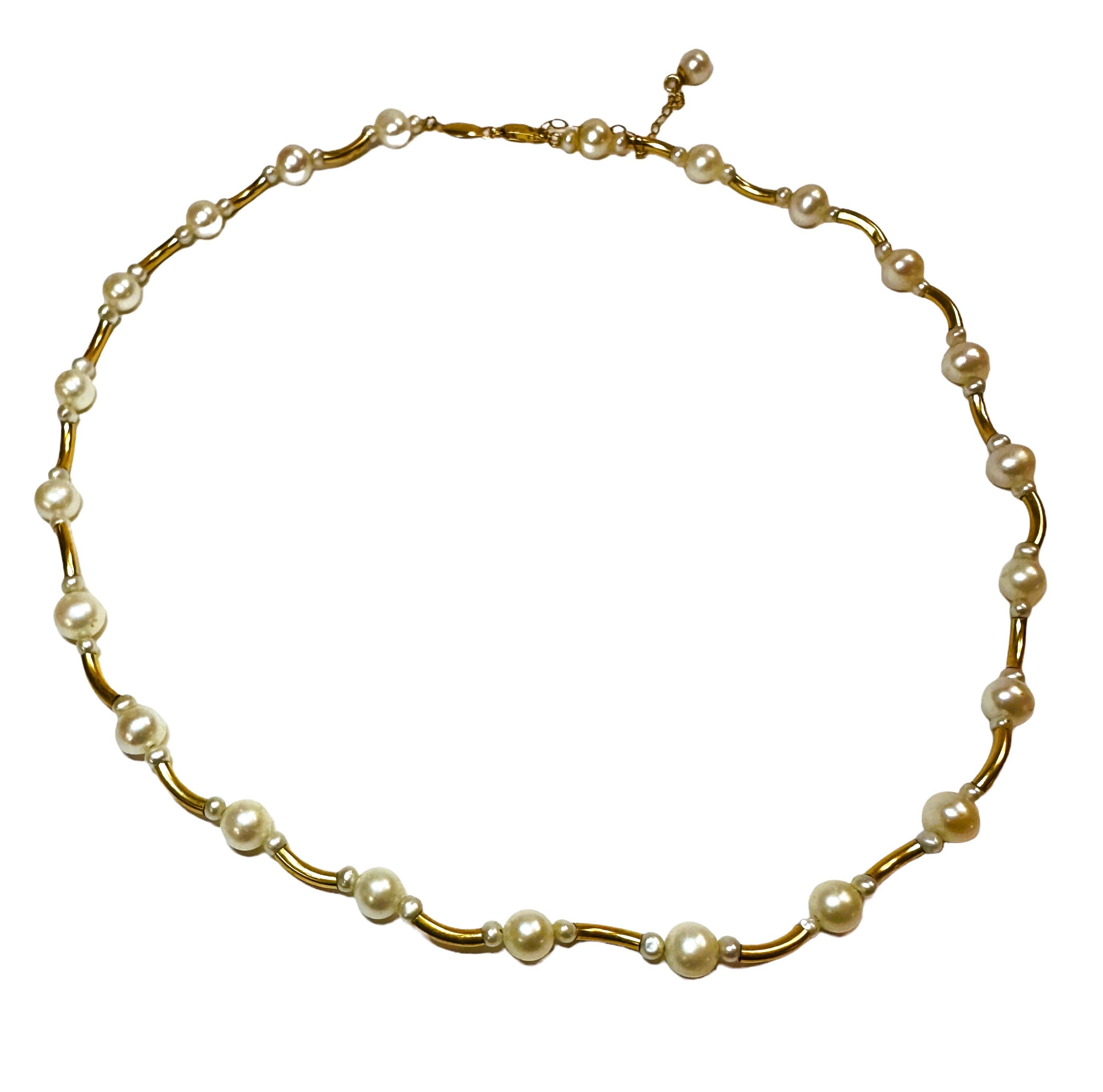 Round Cut Vintage 14K Yellow Gold and Pearl Peter Bram Necklace 16 - 19 Inches For Sale