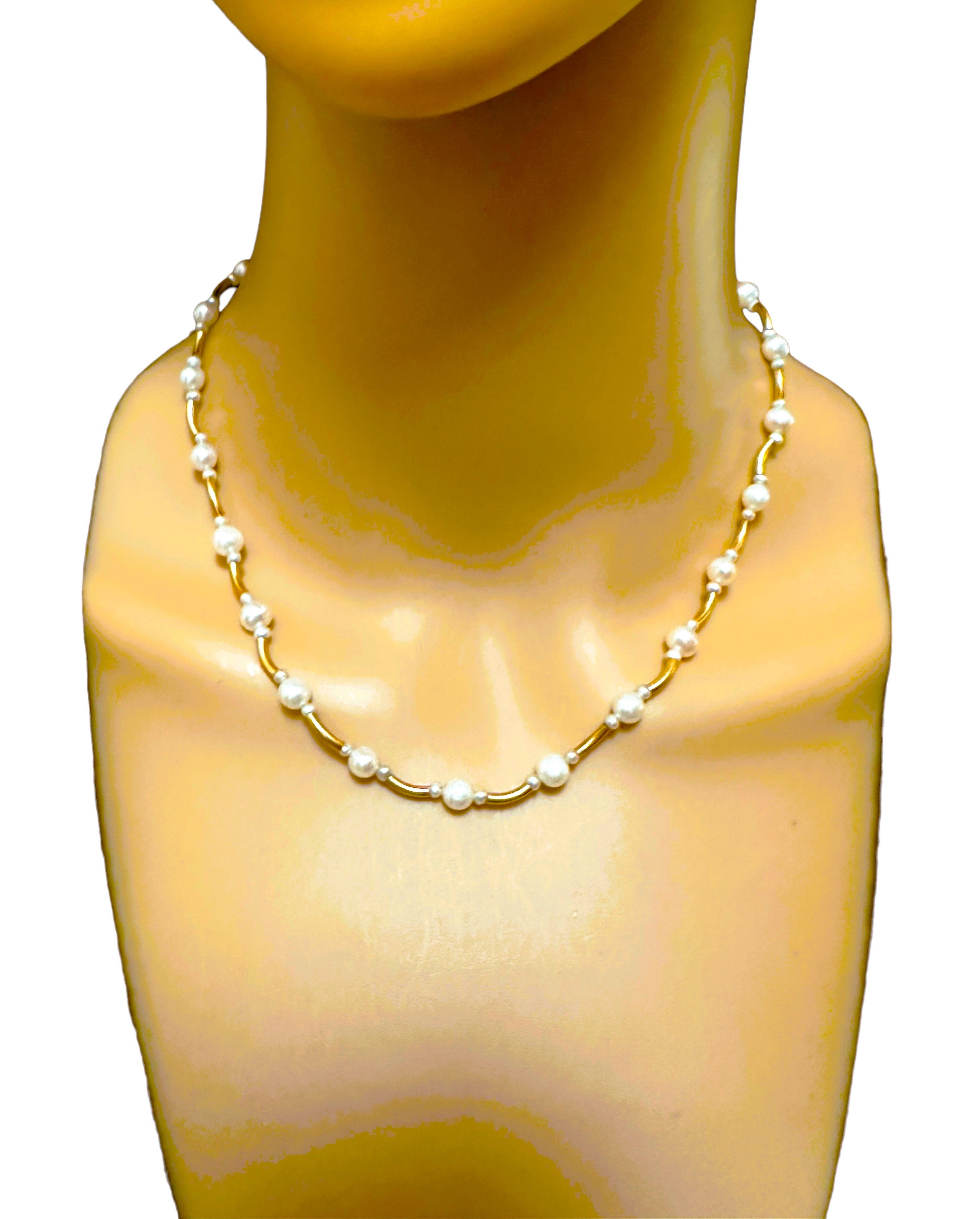 Vintage 14K Yellow Gold and Pearl Peter Bram Necklace 16 - 19 Inches For Sale