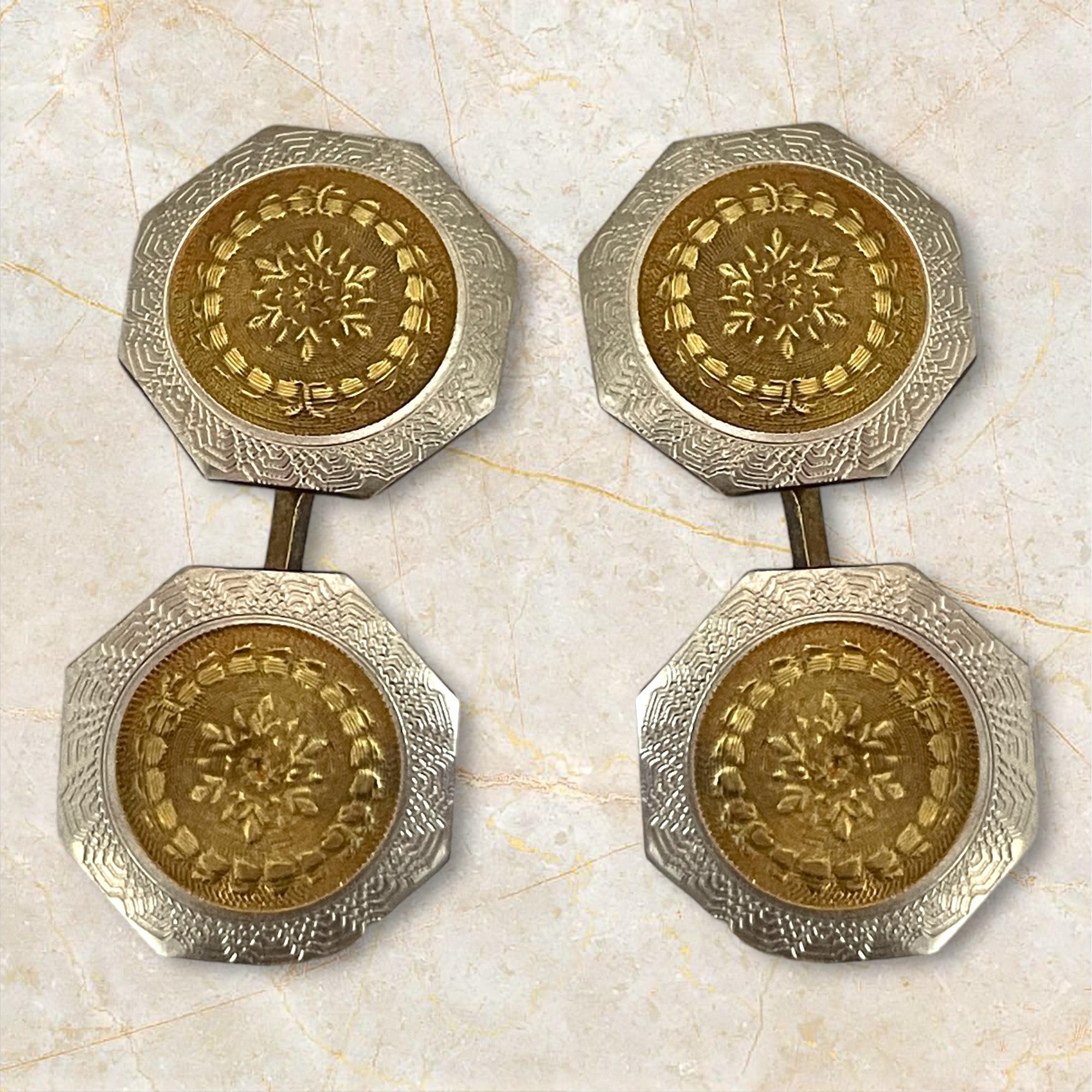 Crafted from 14K yellow gold and topped with platinum, these Deco cufflinks are a testament to the luxurious style of the era. Their detailed design and sophisticated blend of precious metals create a captivating look, ideal for the discerning