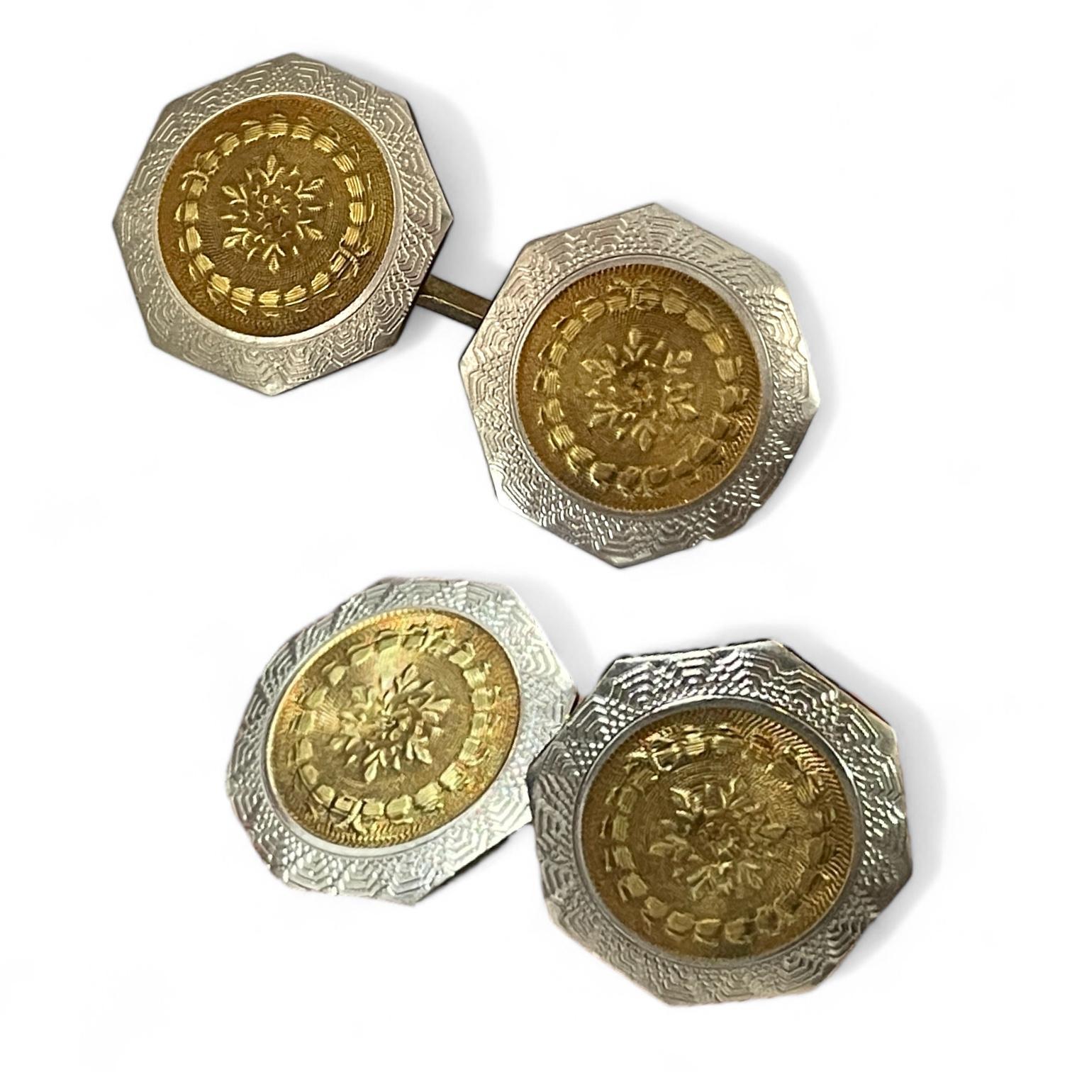 Vintage 14K Yellow Gold and Platinum Deco Cufflinks In Excellent Condition For Sale In New York, NY