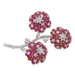 Vintage 14k Yellow Gold and Platinum Floral Ruby and Diamond Brooch