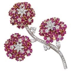 Vintage 14k Gelbgold und Platin floralen Rubin und Diamant-Brosche