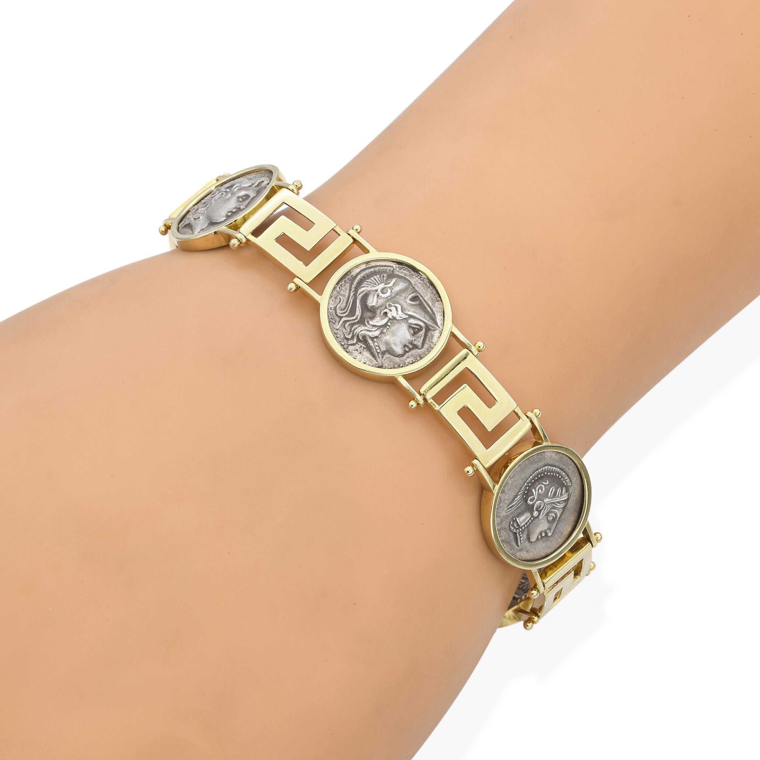 Vintage 14k Gelbgold und Silber antiken griechischen Stil Münze Link-Armband (Klassisch-römisch) im Angebot