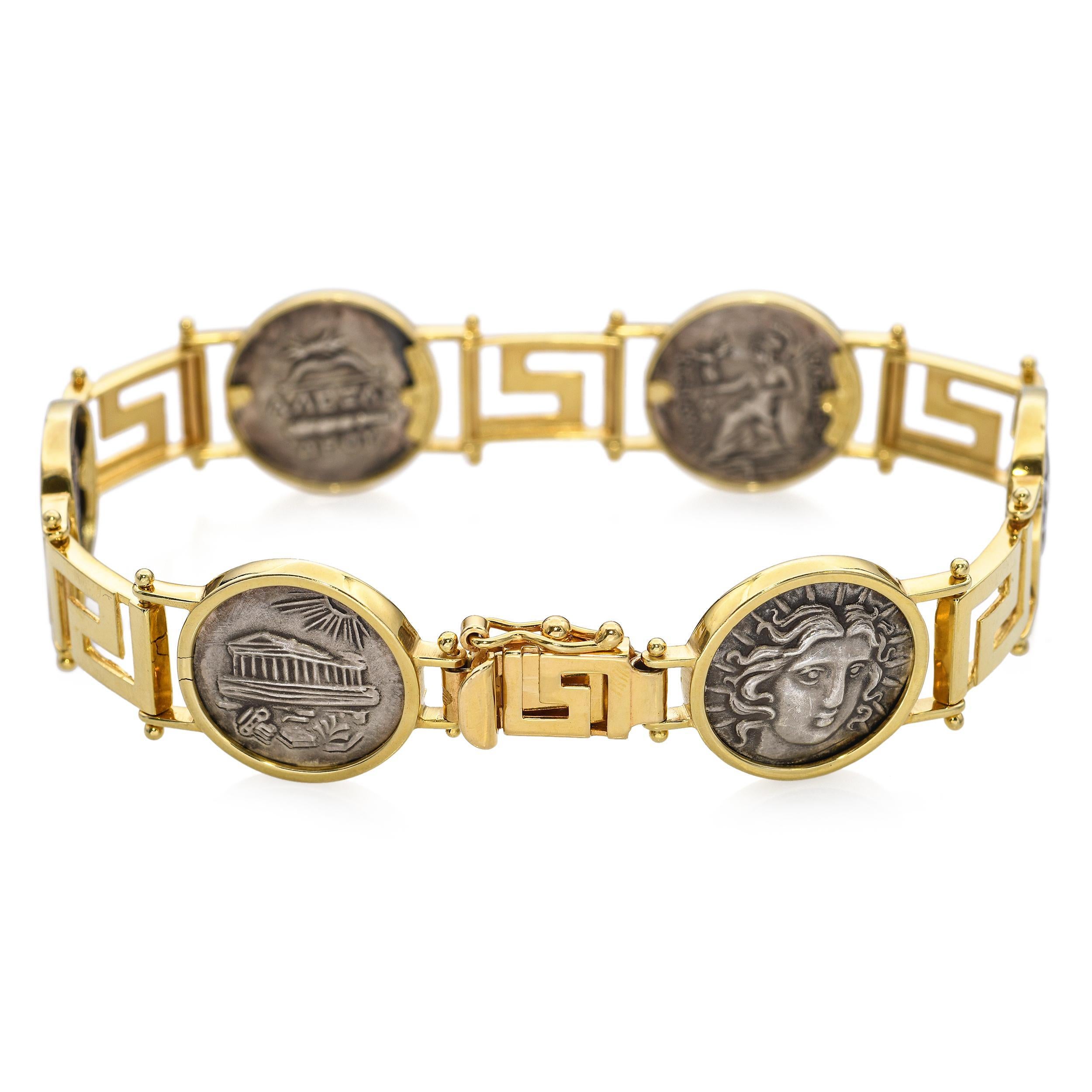 Vintage 14k Gelbgold und Silber antiken griechischen Stil Münze Link-Armband im Zustand „Gut“ im Angebot in New York, NY
