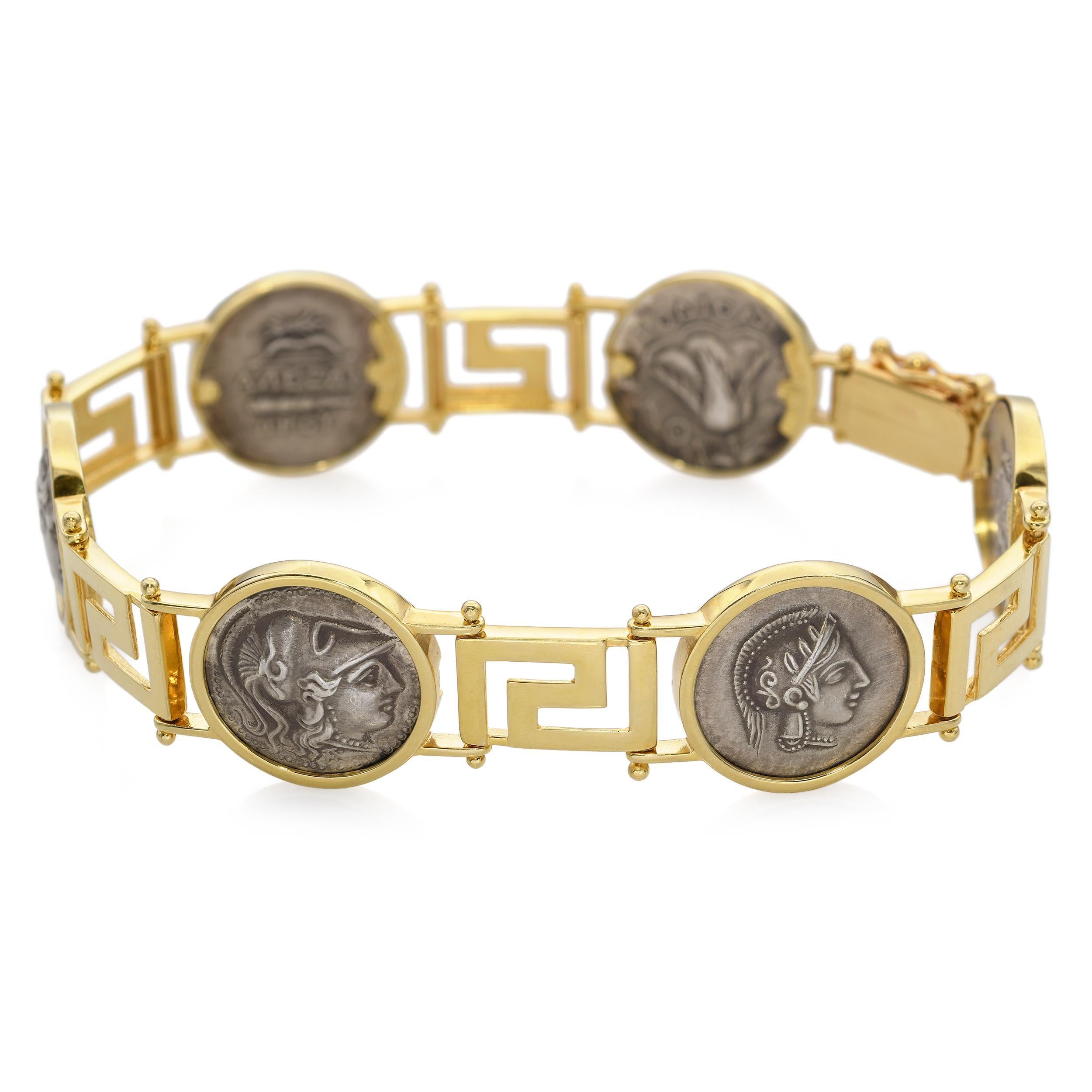 Vintage 14k Gelbgold und Silber antiken griechischen Stil Münze Link-Armband für Damen oder Herren im Angebot