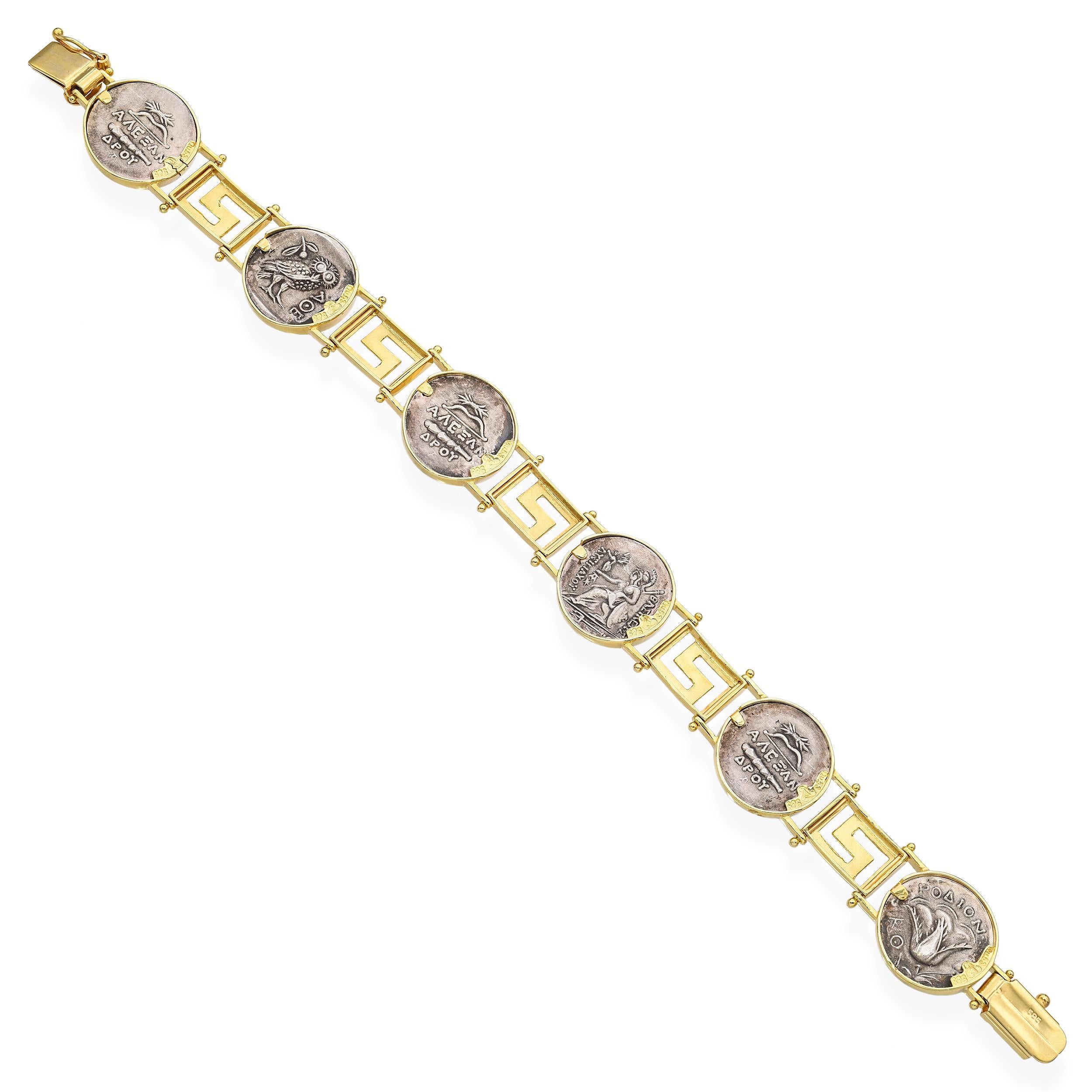 Vintage 14k Gelbgold und Silber antiken griechischen Stil Münze Link-Armband im Angebot 1