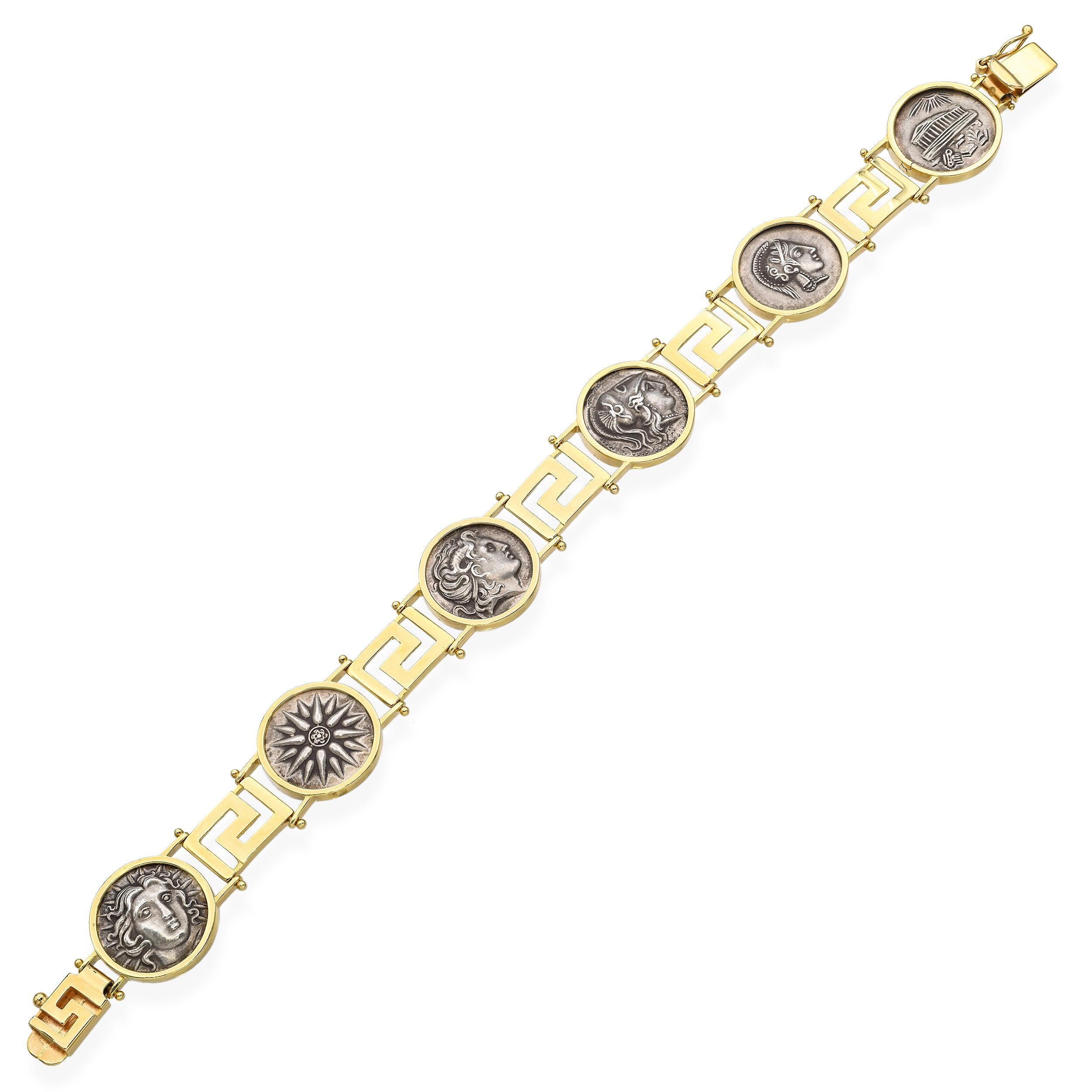 Vintage 14k Gelbgold und Silber antiken griechischen Stil Münze Link-Armband im Angebot 2