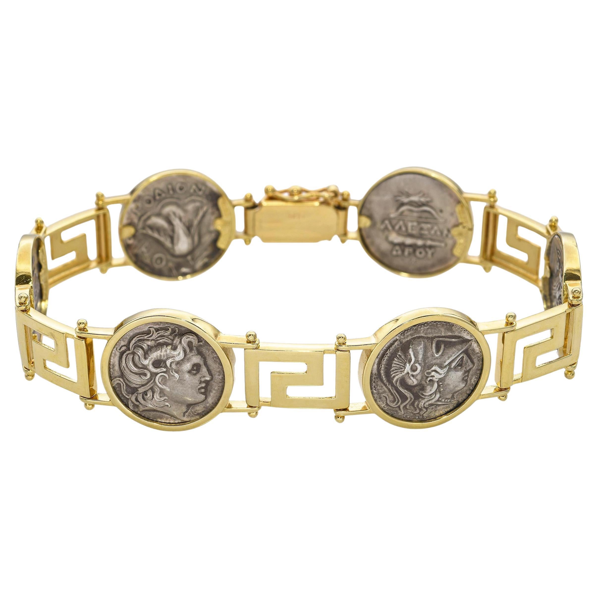 Vintage 14k Gelbgold und Silber antiken griechischen Stil Münze Link-Armband im Angebot
