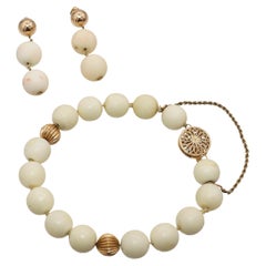 Vintage 14K Yellow Gold and White Coral Beaded Bracelet and Earring Set