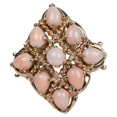 Vintage 14k Yellow Gold Angel Skin Pink Coral Cabochon Cluster Cocktail Ring