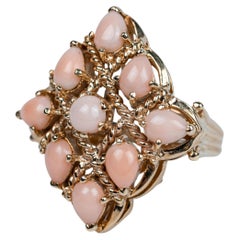 Vintage 14k Yellow Gold Angel Skin Pink Coral Cabochon Cluster Cocktail Ring