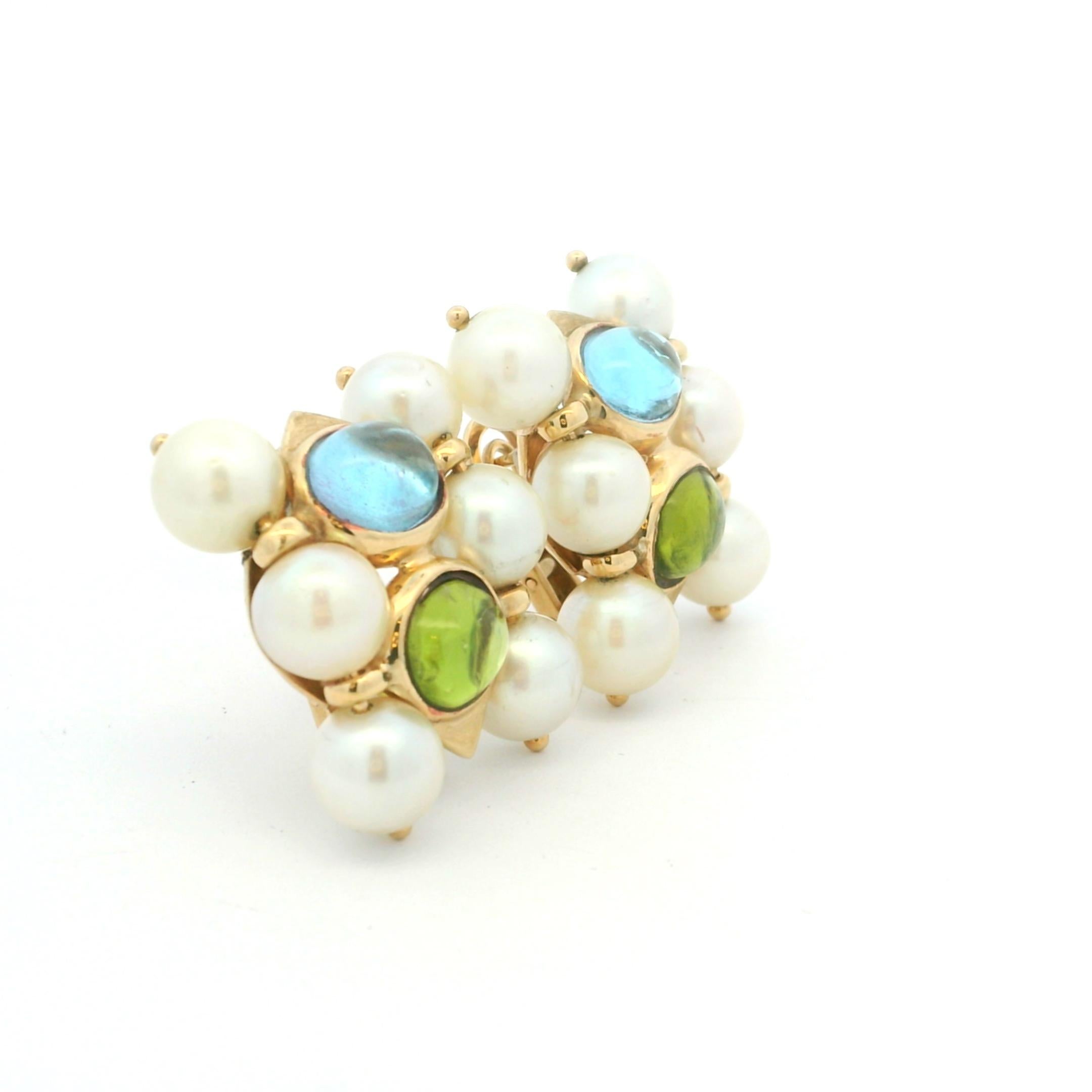 De las mujeres Pendientes vintage de oro amarillo de 14 quilates en racimo de aguamarina, peridoto y perla de agua dulce en venta