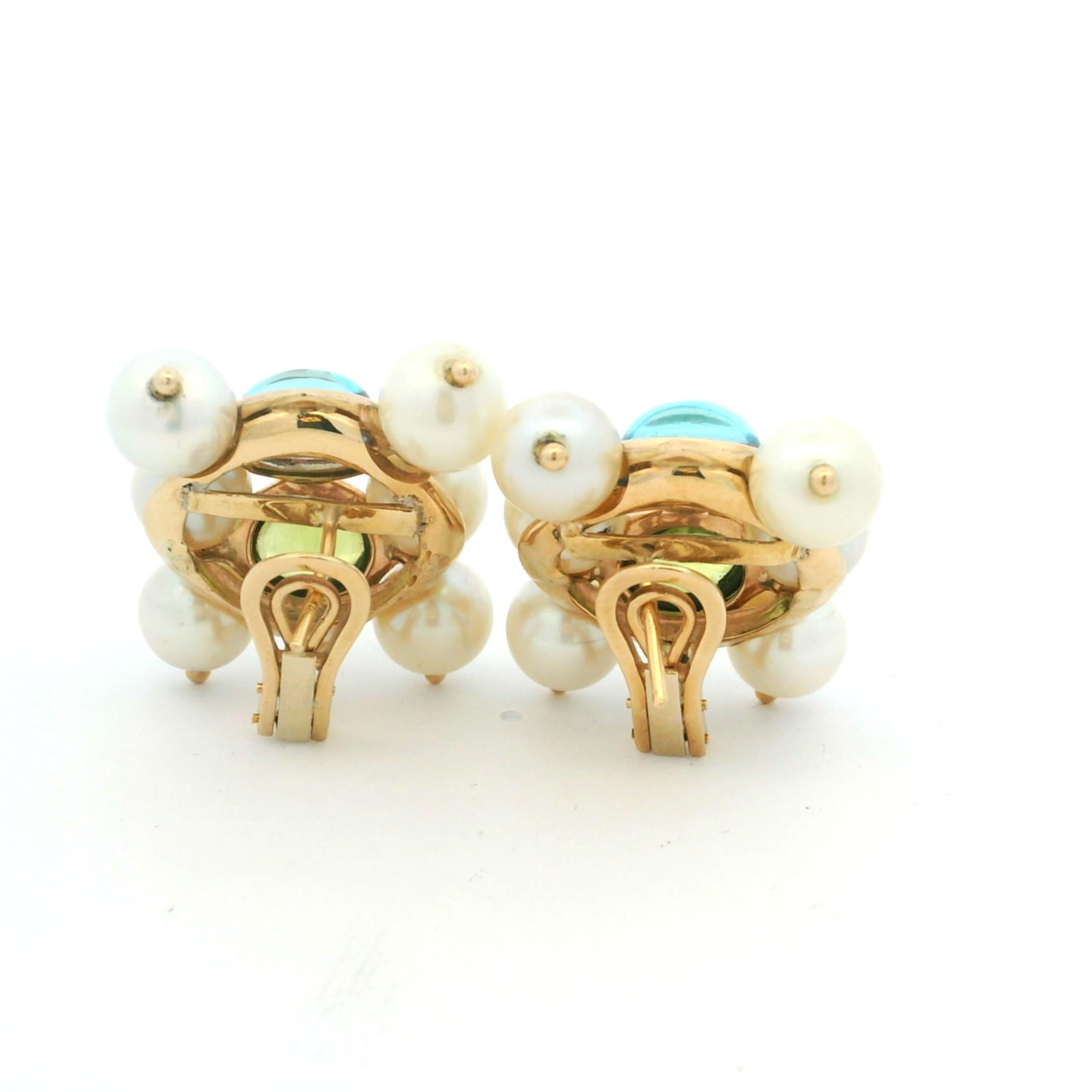 Pendientes vintage de oro amarillo de 14 quilates en racimo de aguamarina, peridoto y perla de agua dulce en venta 1