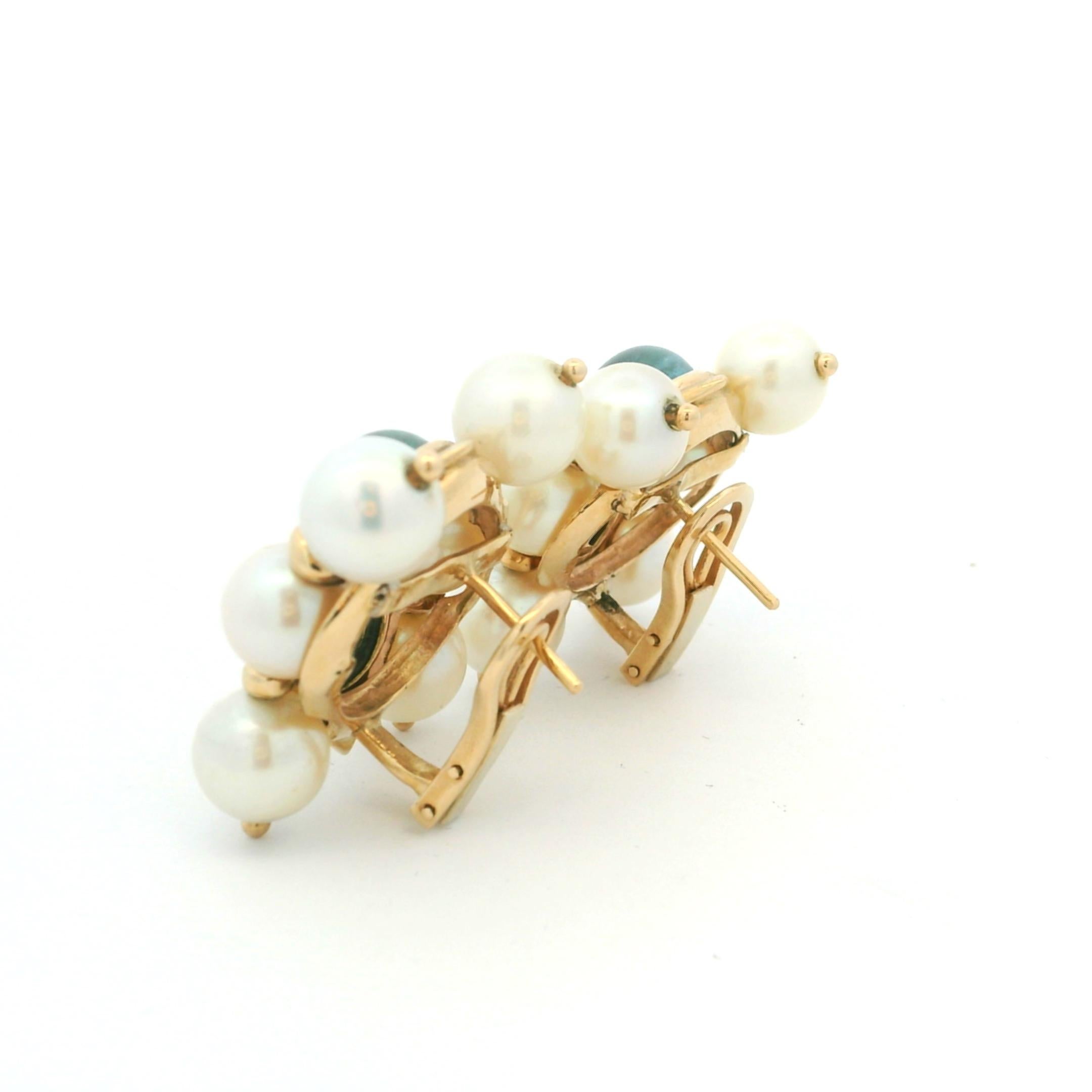 Pendientes vintage de oro amarillo de 14 quilates en racimo de aguamarina, peridoto y perla de agua dulce en venta 2