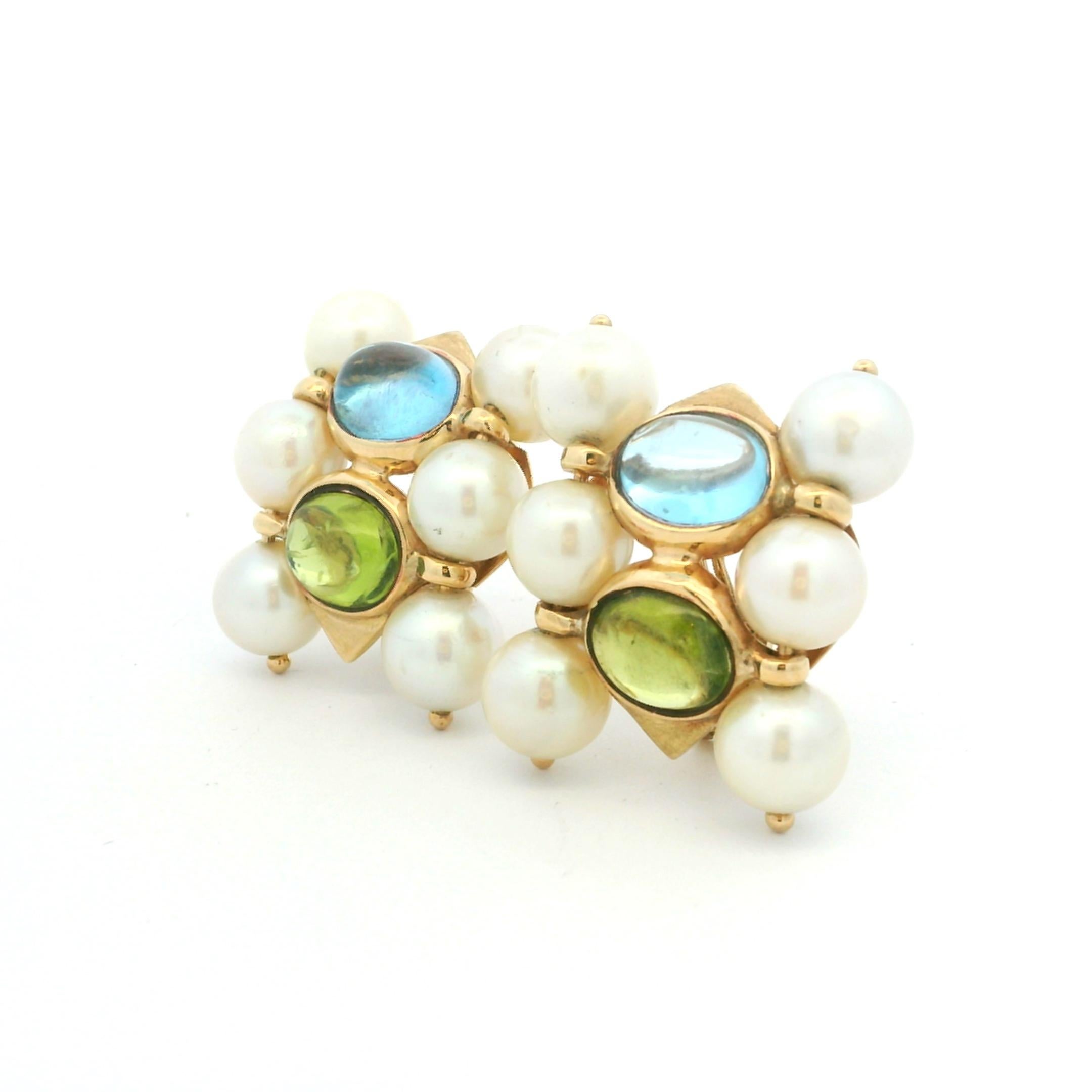 Pendientes vintage de oro amarillo de 14 quilates en racimo de aguamarina, peridoto y perla de agua dulce en venta 3