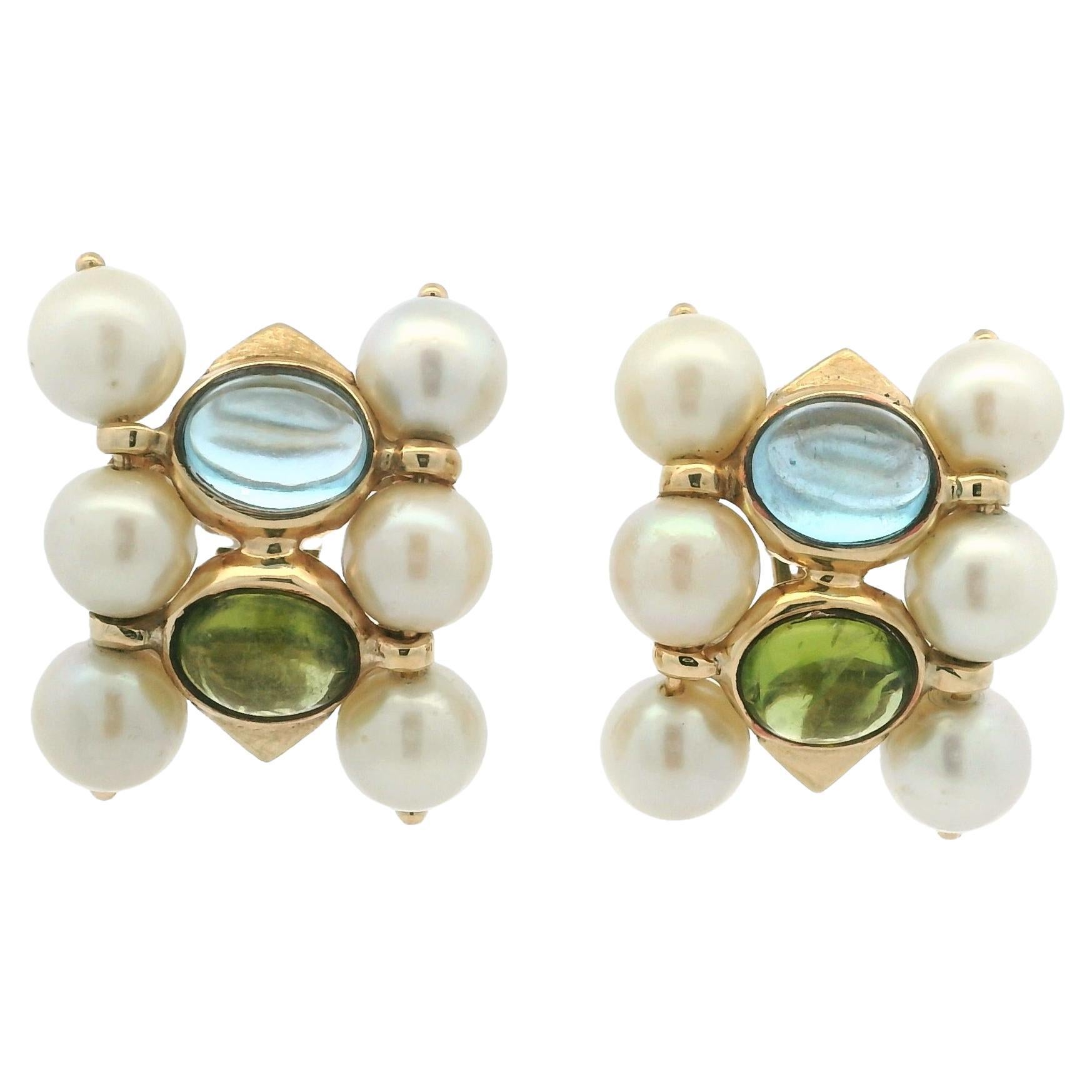 Pendientes vintage de oro amarillo de 14 quilates en racimo de aguamarina, peridoto y perla de agua dulce