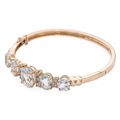 Vintage 14k Yellow Gold Aquamarine and Diamond Hinged Bangle Bracelet