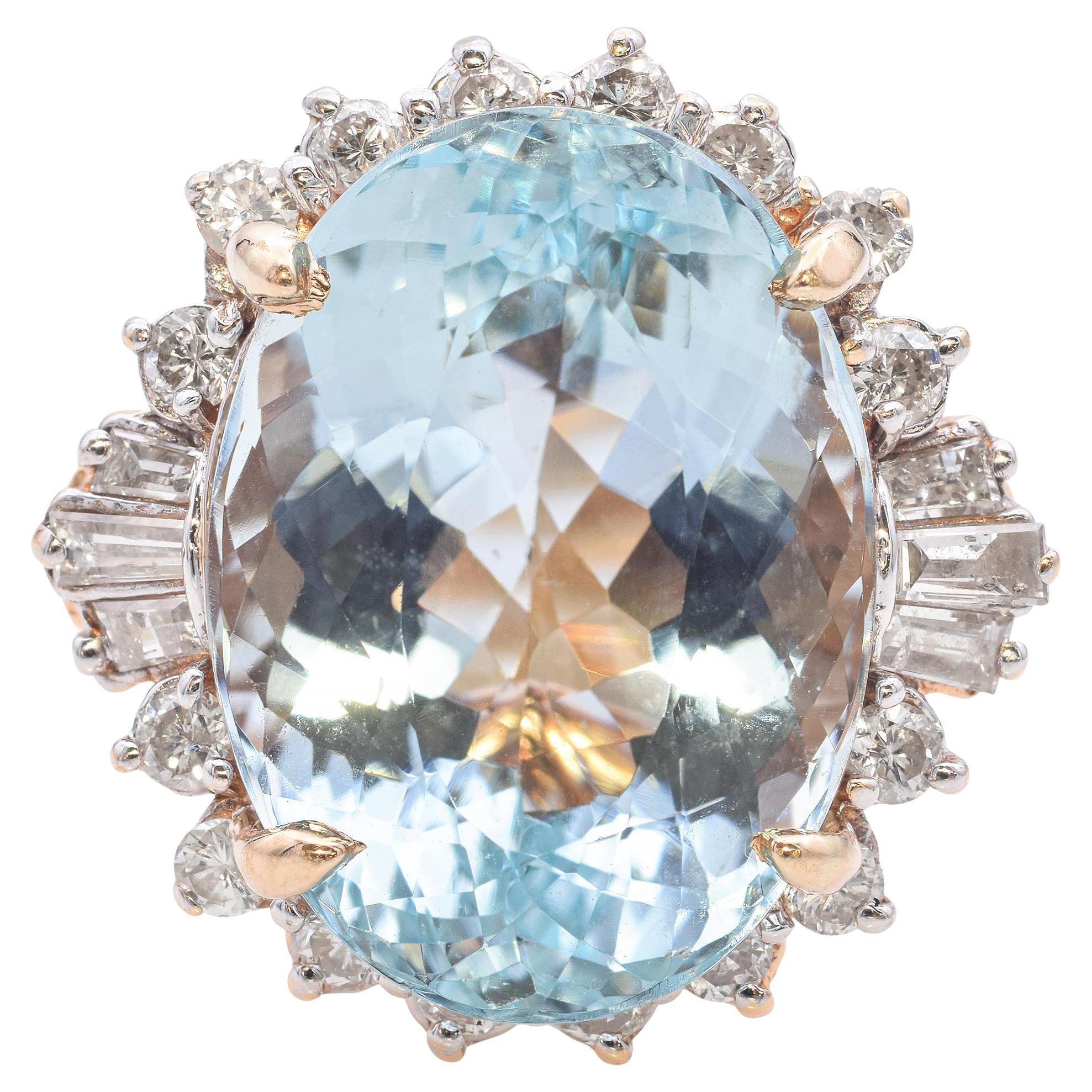 Vintage 14k Yellow Gold Aquamarine and Diamond Statement Ring