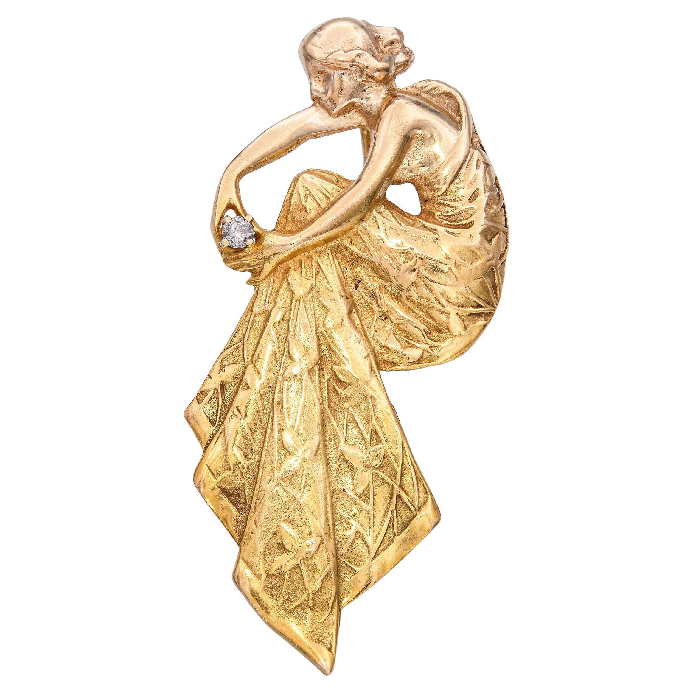 Vintage in oro giallo 14k di ispirazione Art Nouveau Ciondolo Ninfa di Lluis Masriera