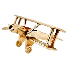Vintage 14K Yellow Gold Articulating Airplane, Biplane Charm, Pendant