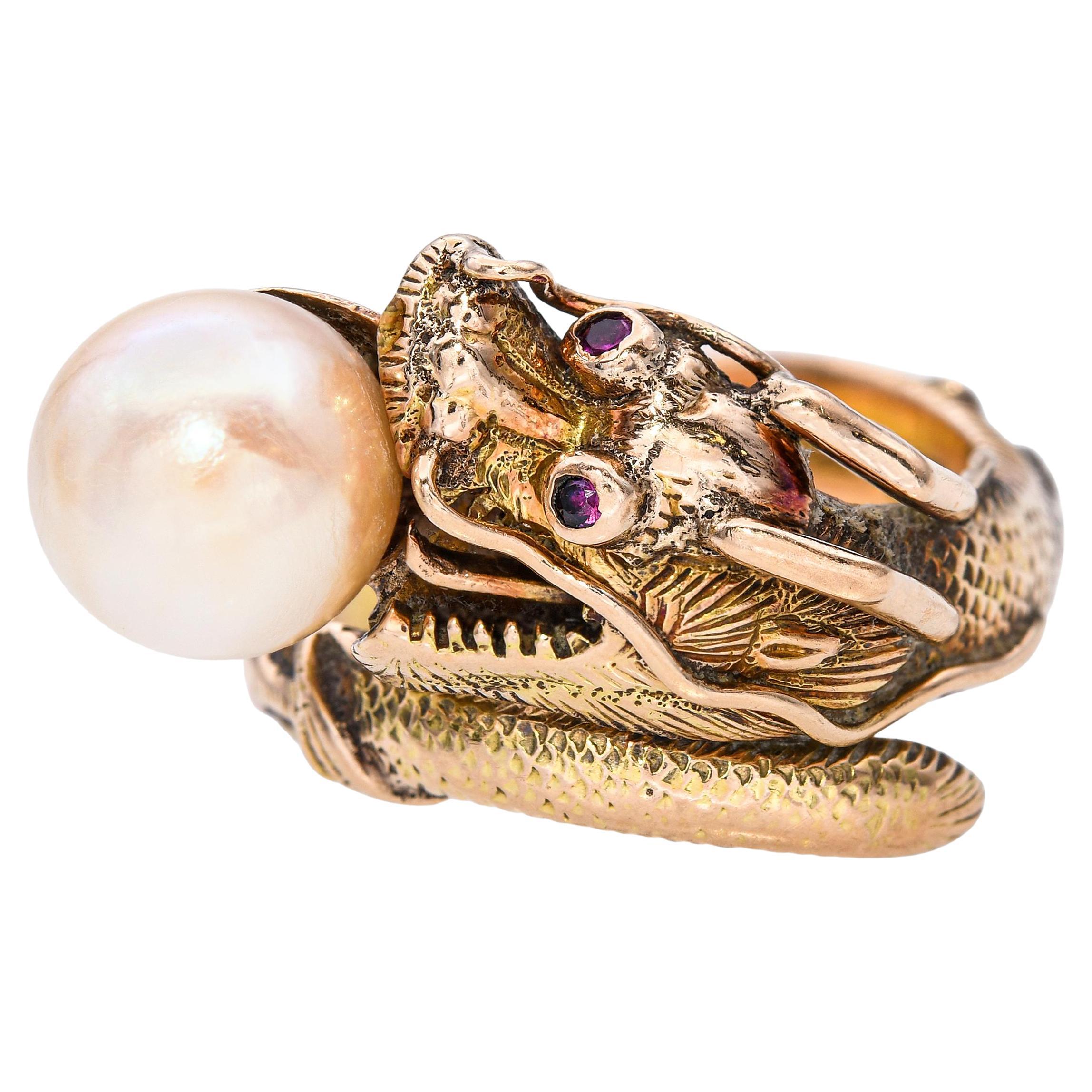 Vintage 14k Gelbgold asiatischen Drachen mit Rubin Augen Chasing Pearl Ring