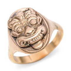 Vintage 14K Yellow Gold Asian Folklore Mask Figural Signet Ring