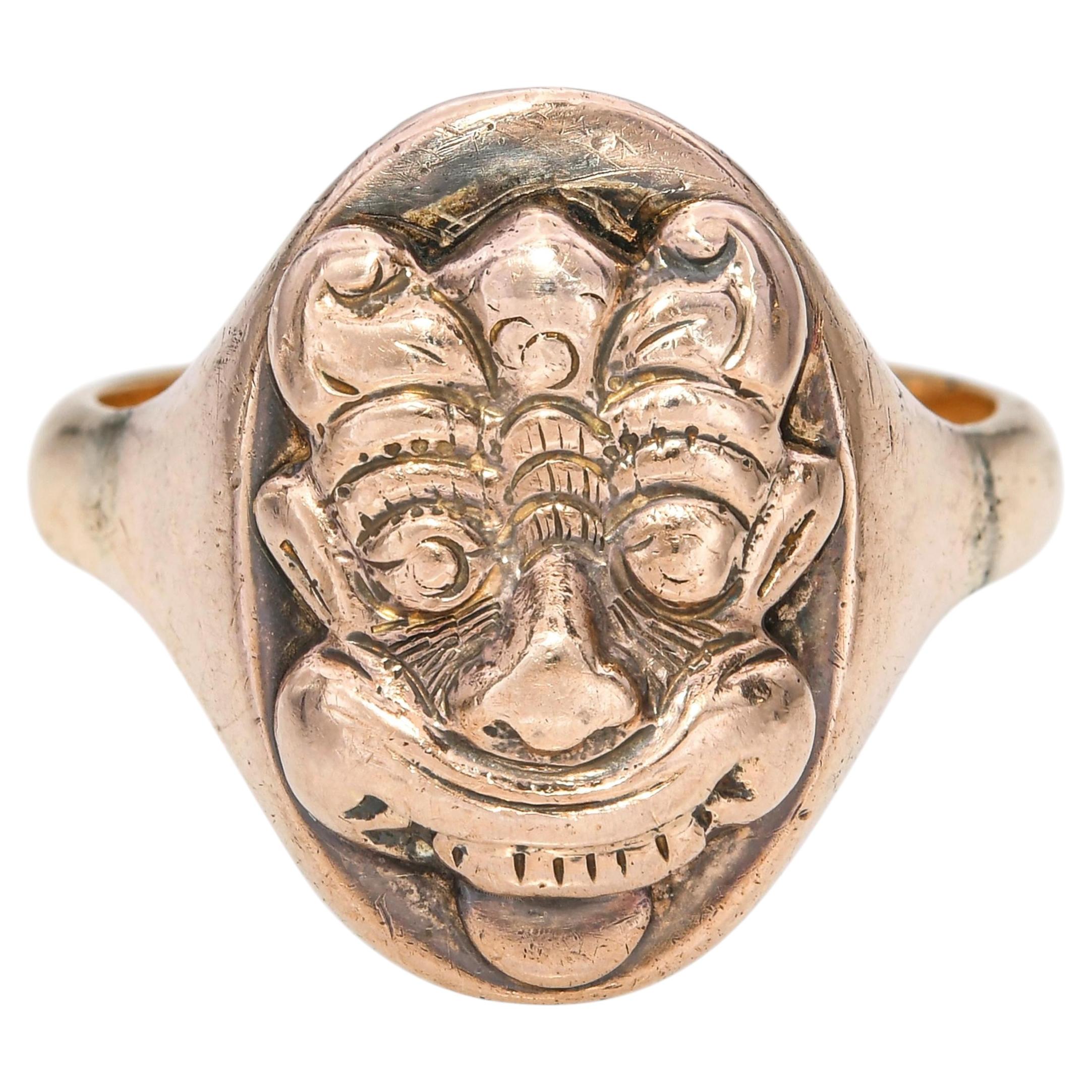 Vintage 14K Yellow Gold Asian Folklore Mask Figural Signet Ring For Sale