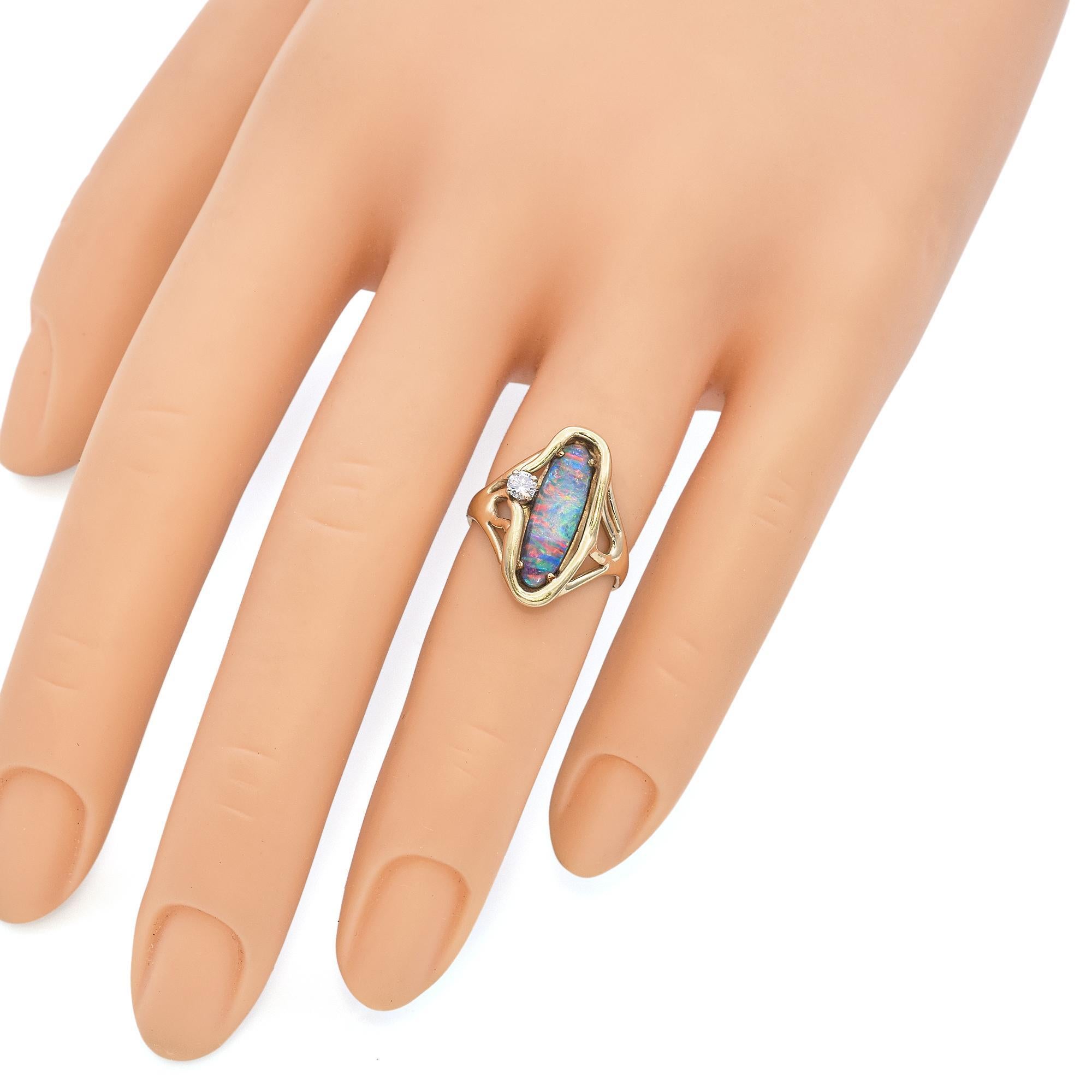 Round Cut Vintage 14k Yellow Gold Australian Boulder Opal and Diamond Ring For Sale