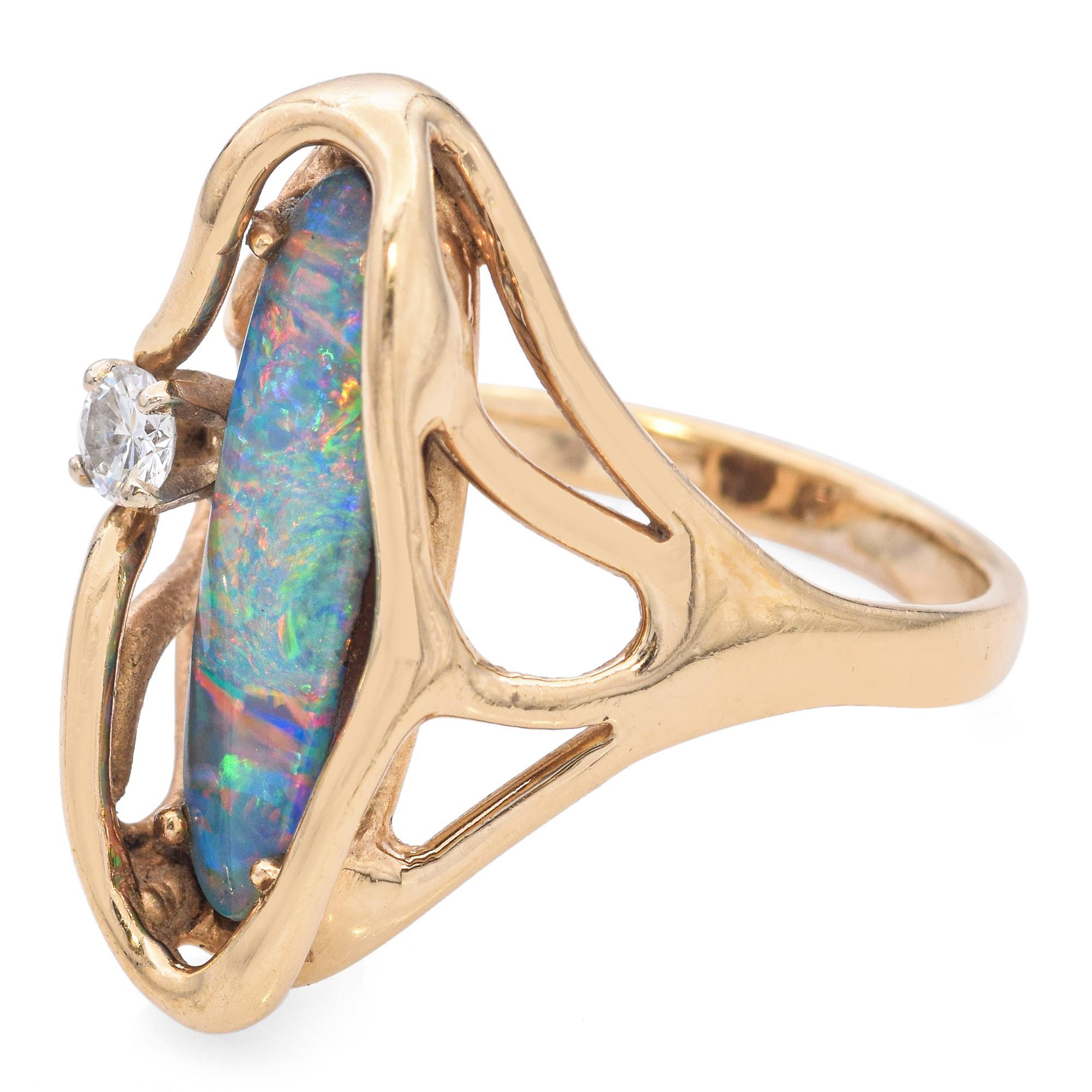 Vintage 14k Yellow Gold Australian Boulder Opal and Diamond Ring In Good Condition For Sale In New York, NY