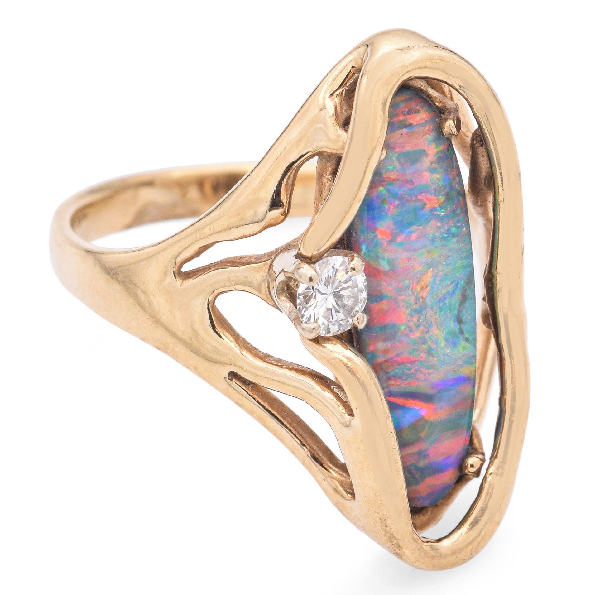 Vintage 14k Yellow Gold Australian Boulder Opal and Diamond Ring For Sale 1