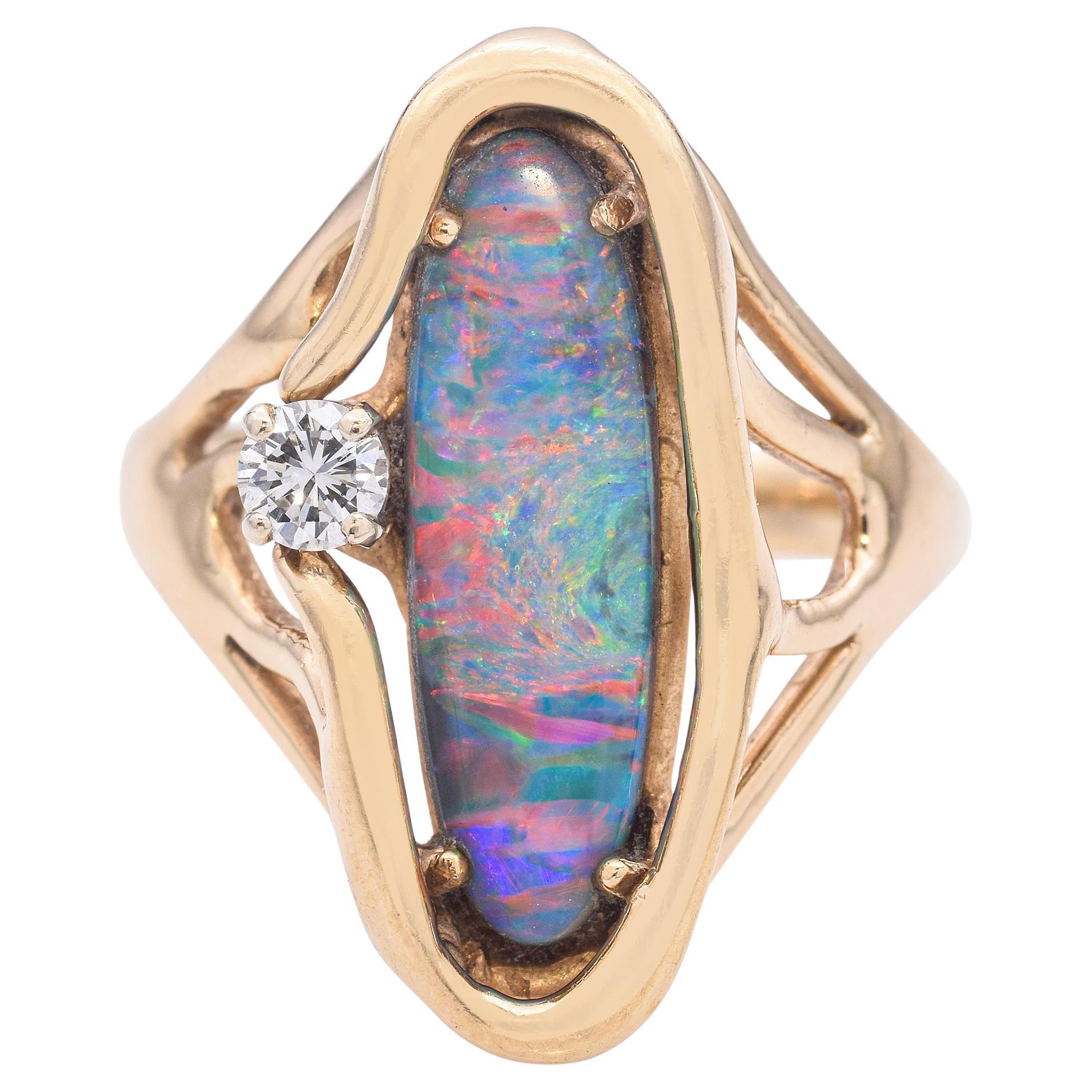 Vintage 14k Yellow Gold Australian Boulder Opal and Diamond Ring