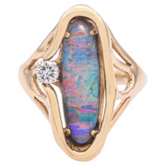 Bague vintage en or jaune 14k, opale de Boulder australienne et diamant