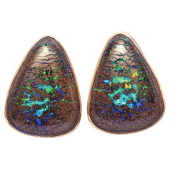 Vintage 14k Yellow Gold Australian Boulder Opal Statement Earrings