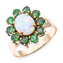 Vintage 14k Yellow Gold Australian Opal and Emerald Halo Ring