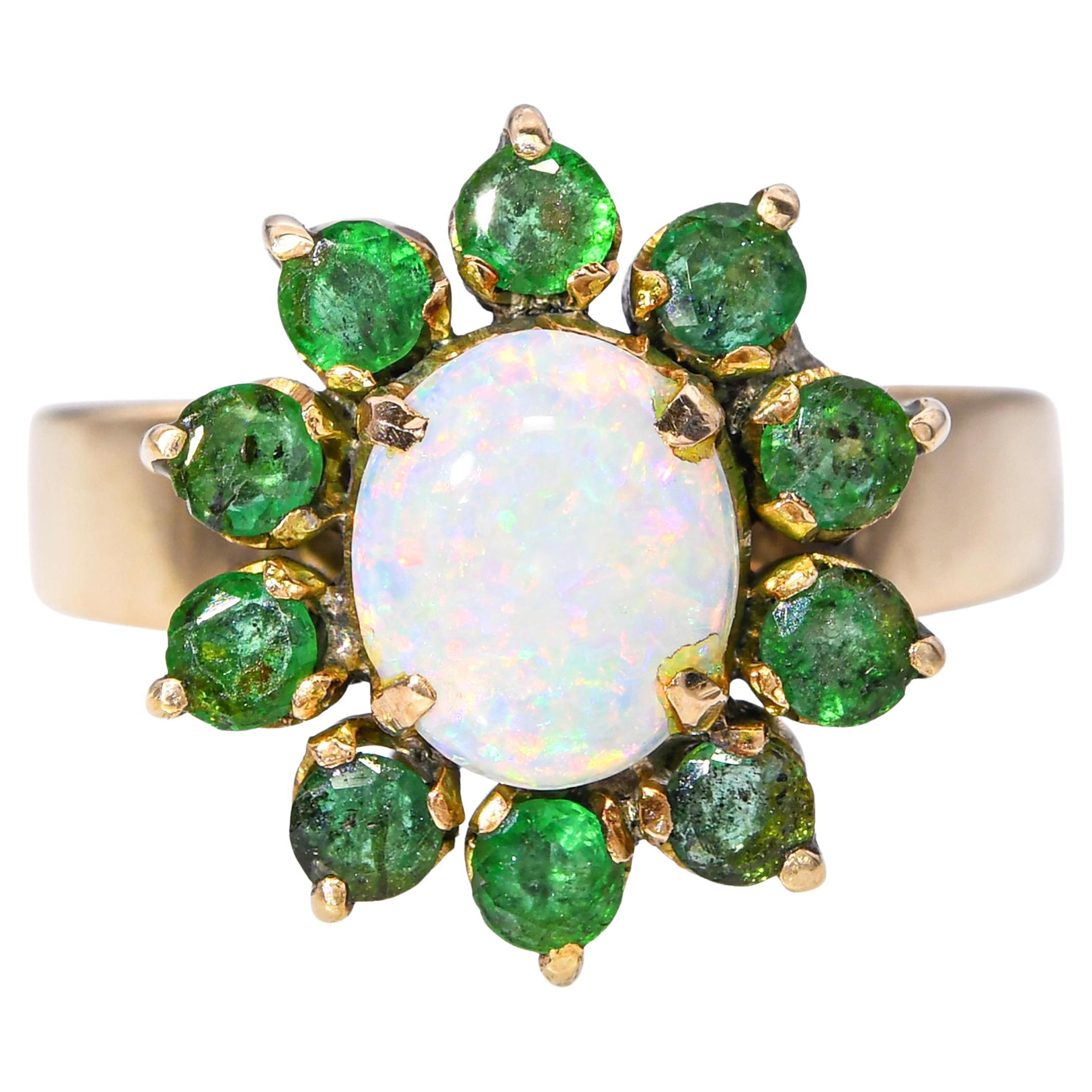 Vintage 14k Yellow Gold Australian Opal and Emerald Halo Ring