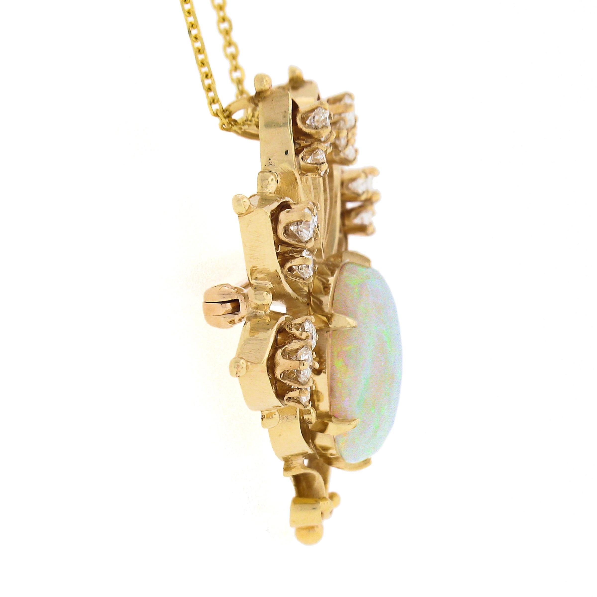 Women's Vintage 14K Yellow Gold Australian Opal & Diamond Flared Brooch Pendant Necklace For Sale
