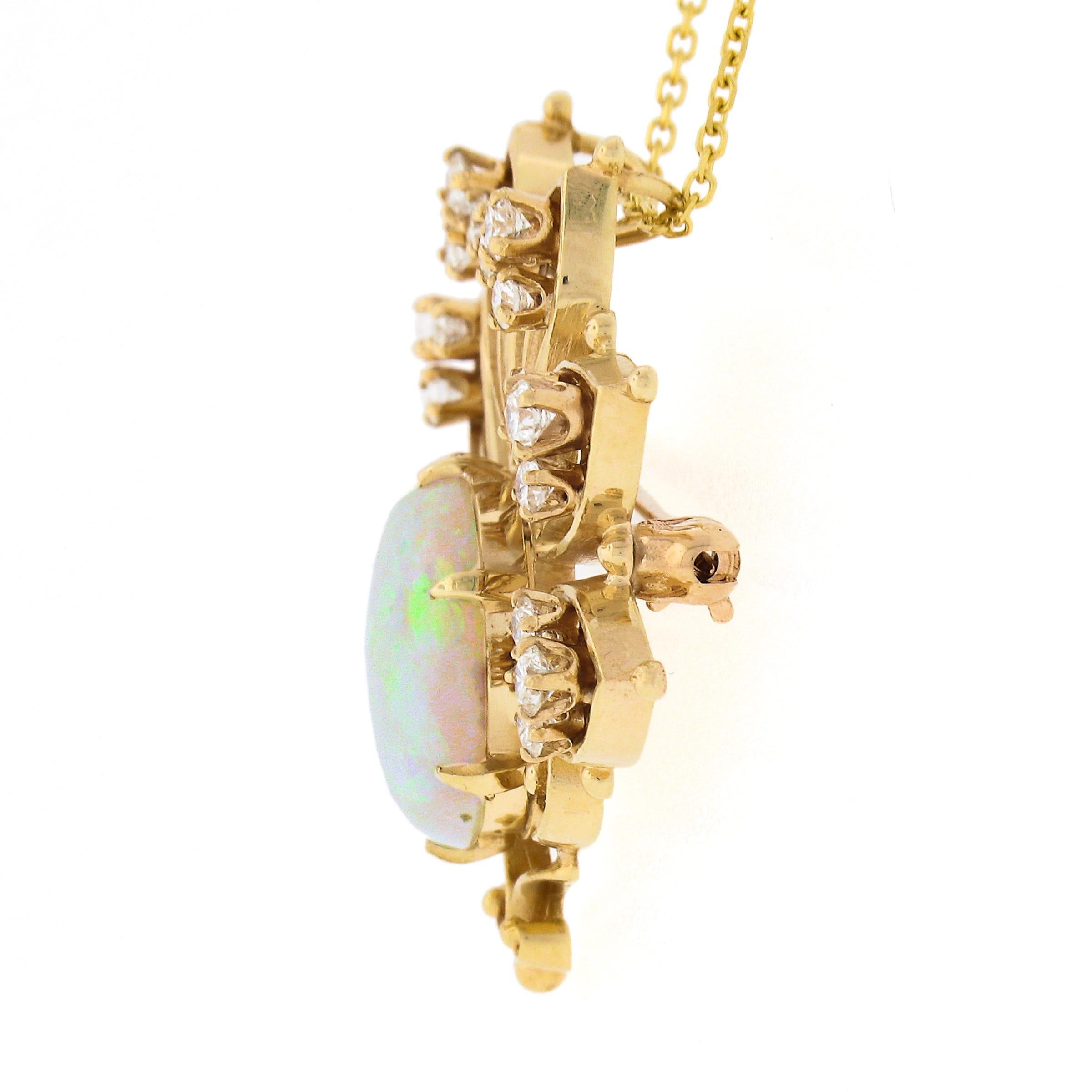 Vintage 14K Yellow Gold Australian Opal & Diamond Flared Brooch Pendant Necklace For Sale 1