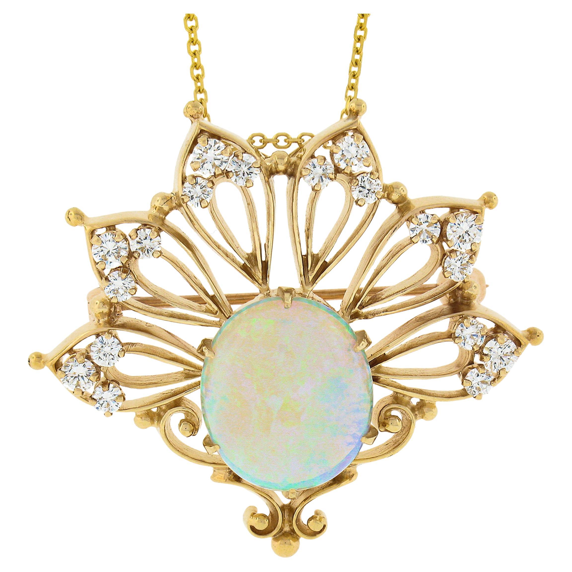 Vintage 14K Yellow Gold Australian Opal & Diamond Flared Brooch Pendant Necklace For Sale
